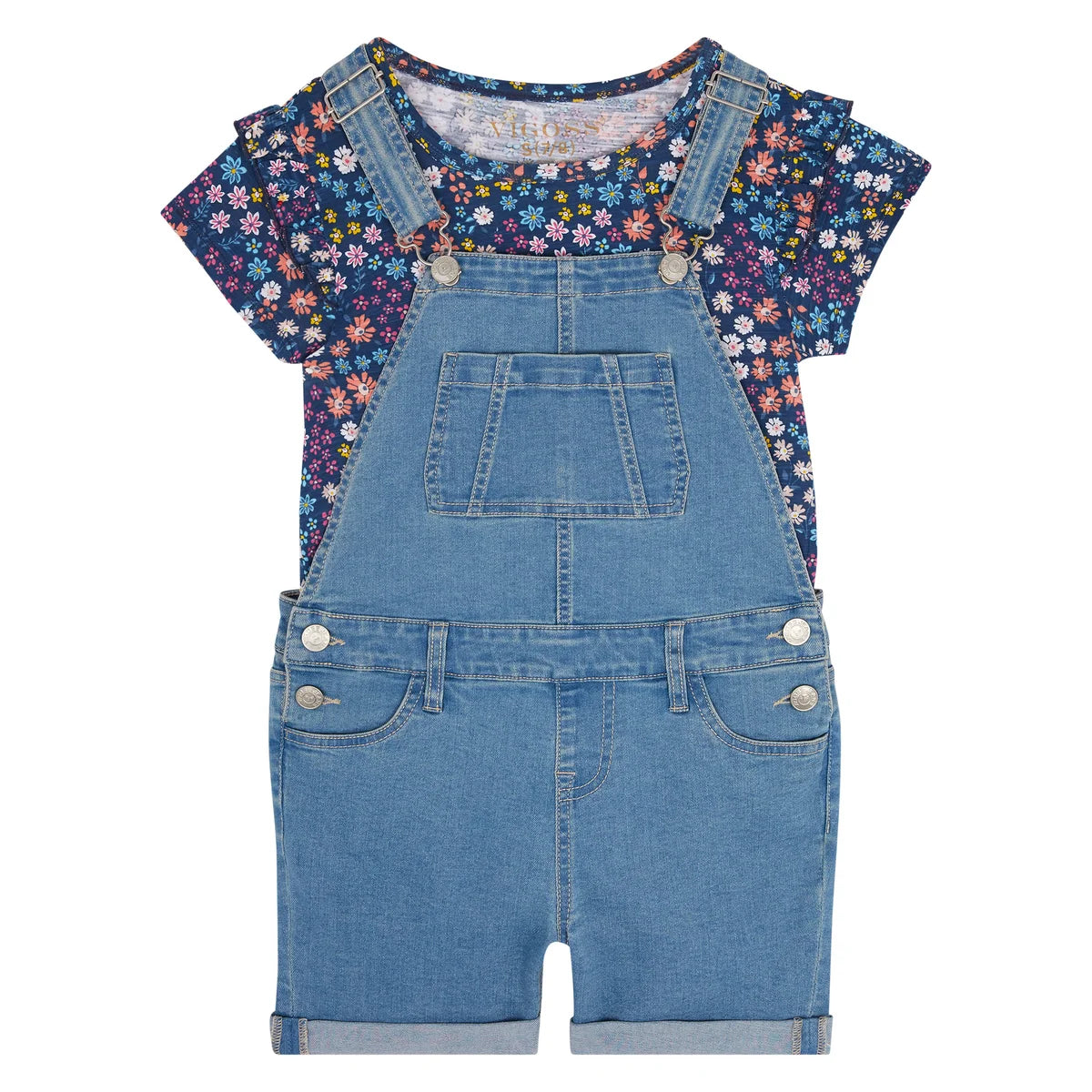 Vigoss Youth Girl's 2-Piece Cotton T-Shirt and Denim Overall Shortall Set