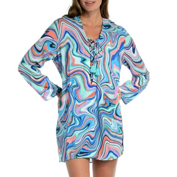 La Blanca Women's Swirl Print Long Sleeves Lace Up Beach Pool Tunic Cover Up