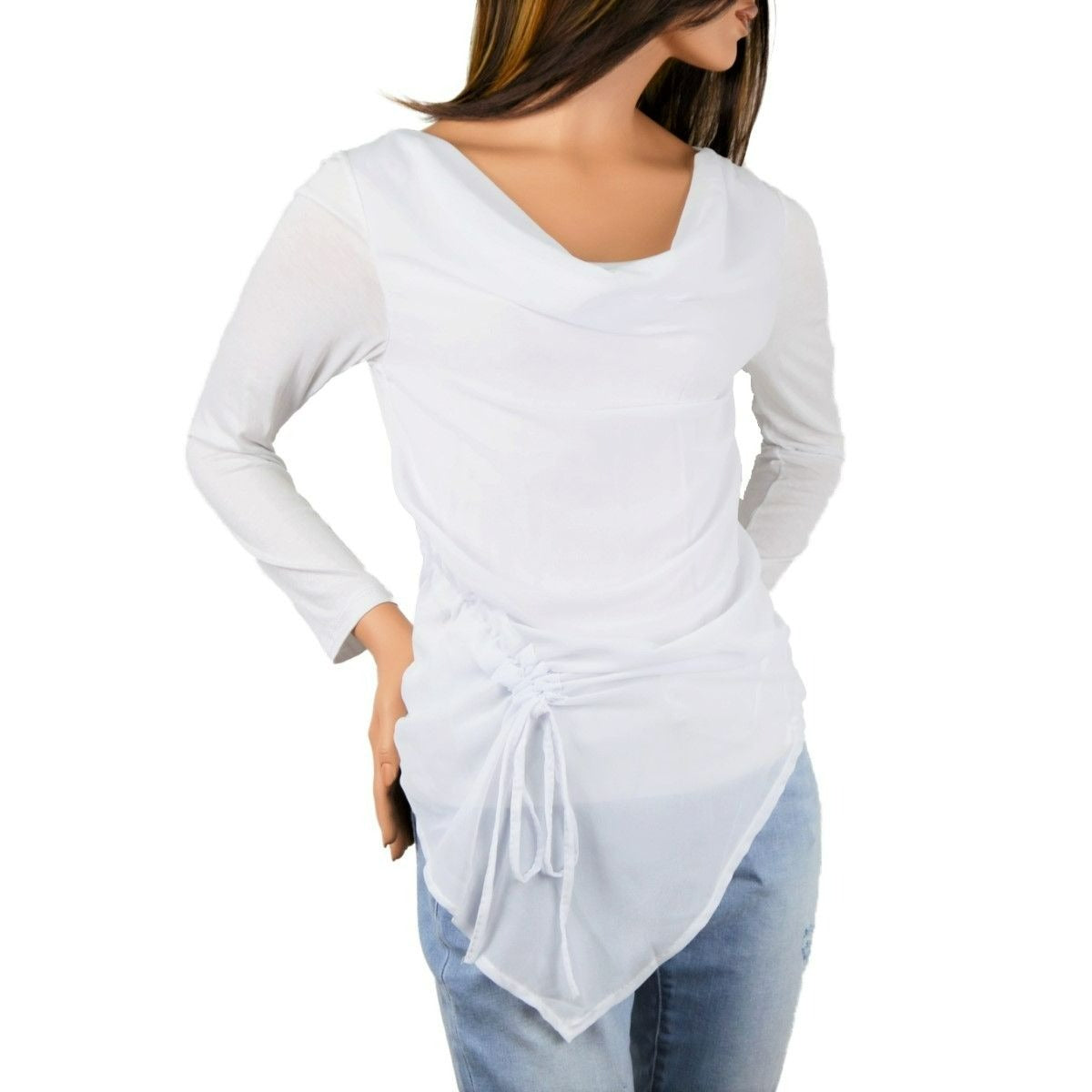 Elena Baldi Made in Italy Drape Neck Drawstring Chiffon Overlay Blouse Top