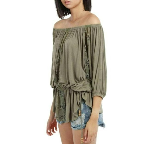 POL Boho Off the Shoulder Lace inserts Cotton blend Blouse Tunic