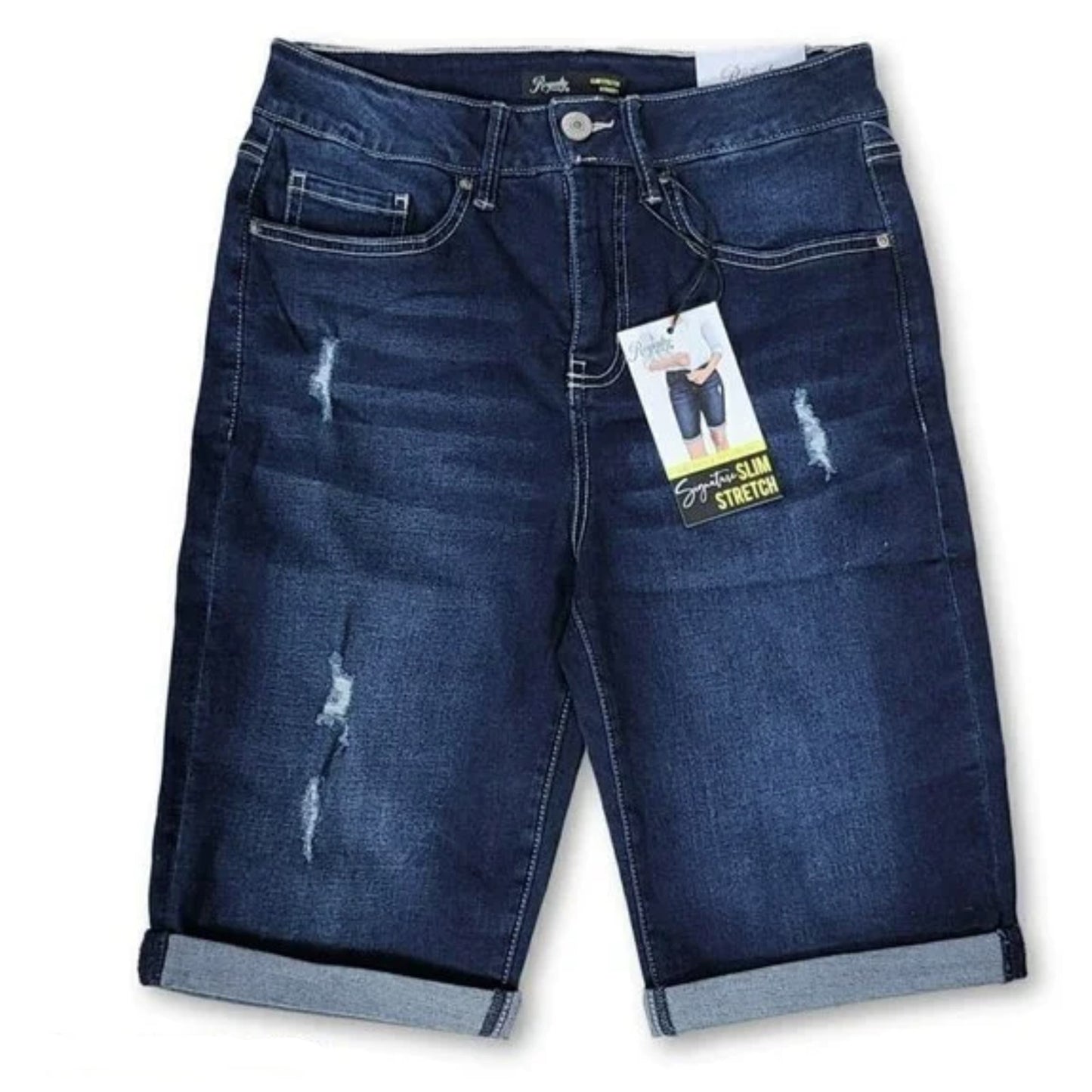 Royalty Women's High Rise Roll Cuff Destructed Denim Slim Bermuda Jean Shorts
