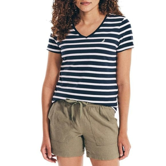 Nautica Women's V-Neck Stripe Logo Tee Soft Cotton Jersey T-Shirt