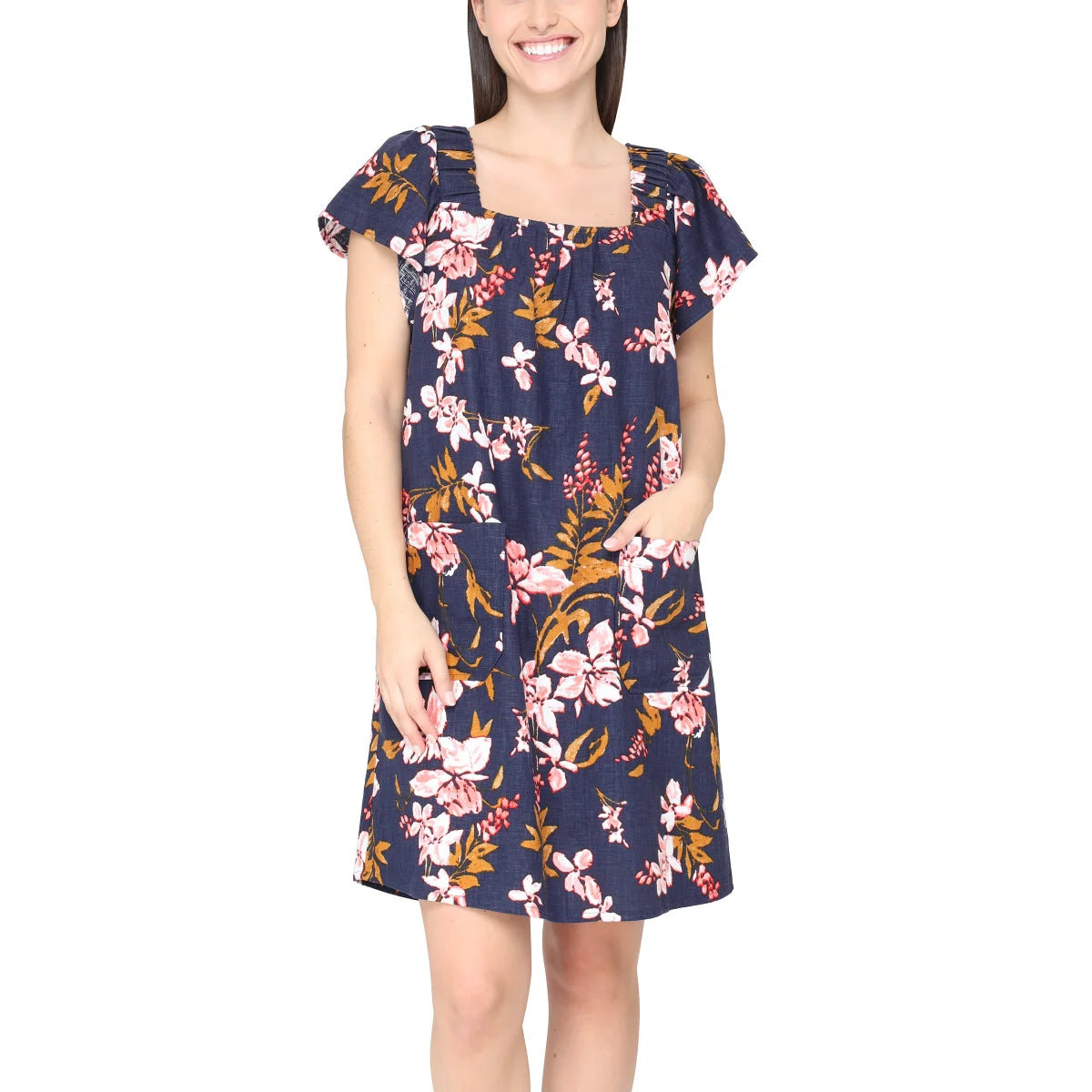 Nicole Miller Women's Flutter Sleeves Floral Print Linen Blend Mini Dress