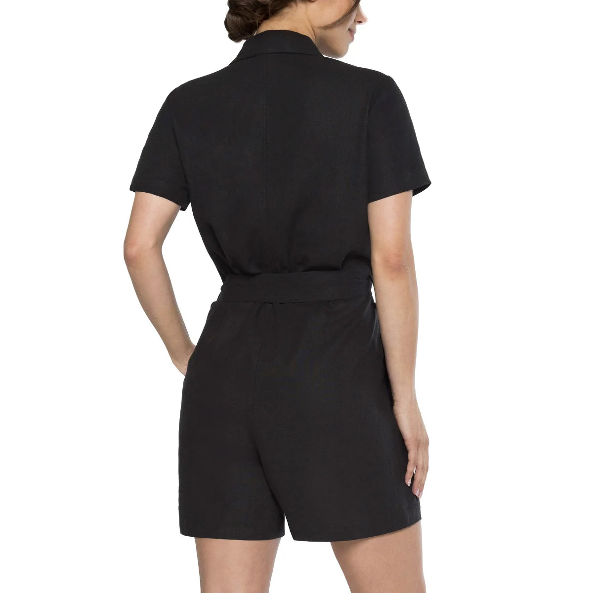 Matty M Women's Linen Blend Belted Button Front Romper