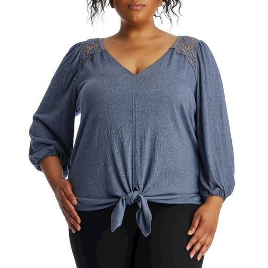 Max Studio Women's Plus Lace Trim V Neck Front Tie Front Blouse Top