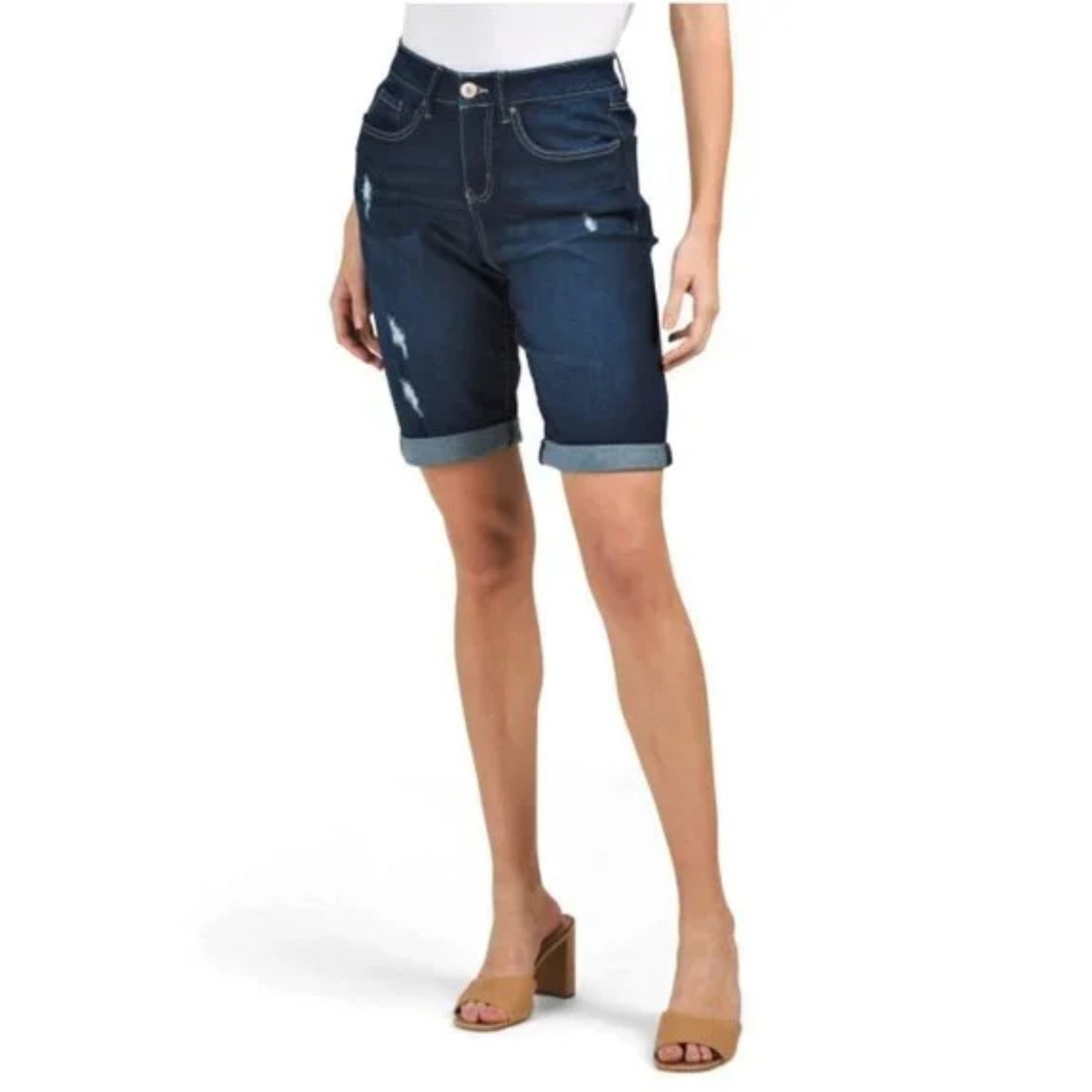 Royalty Women's High Rise Roll Cuff Destructed Denim Slim Bermuda Jean Shorts