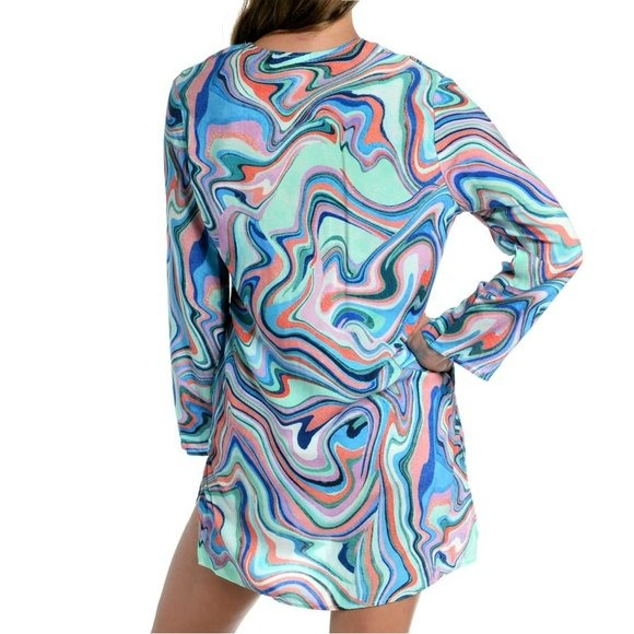 La Blanca Women's Swirl Print Long Sleeves Lace Up Beach Pool Tunic Cover Up