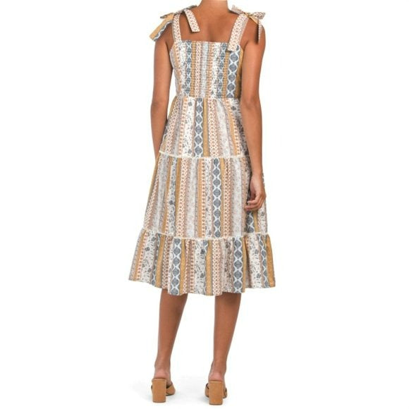 Lucky Brand Women's Floral Stripe Shoulder Tie Smock Tiered Cotton Summer Midi Dress