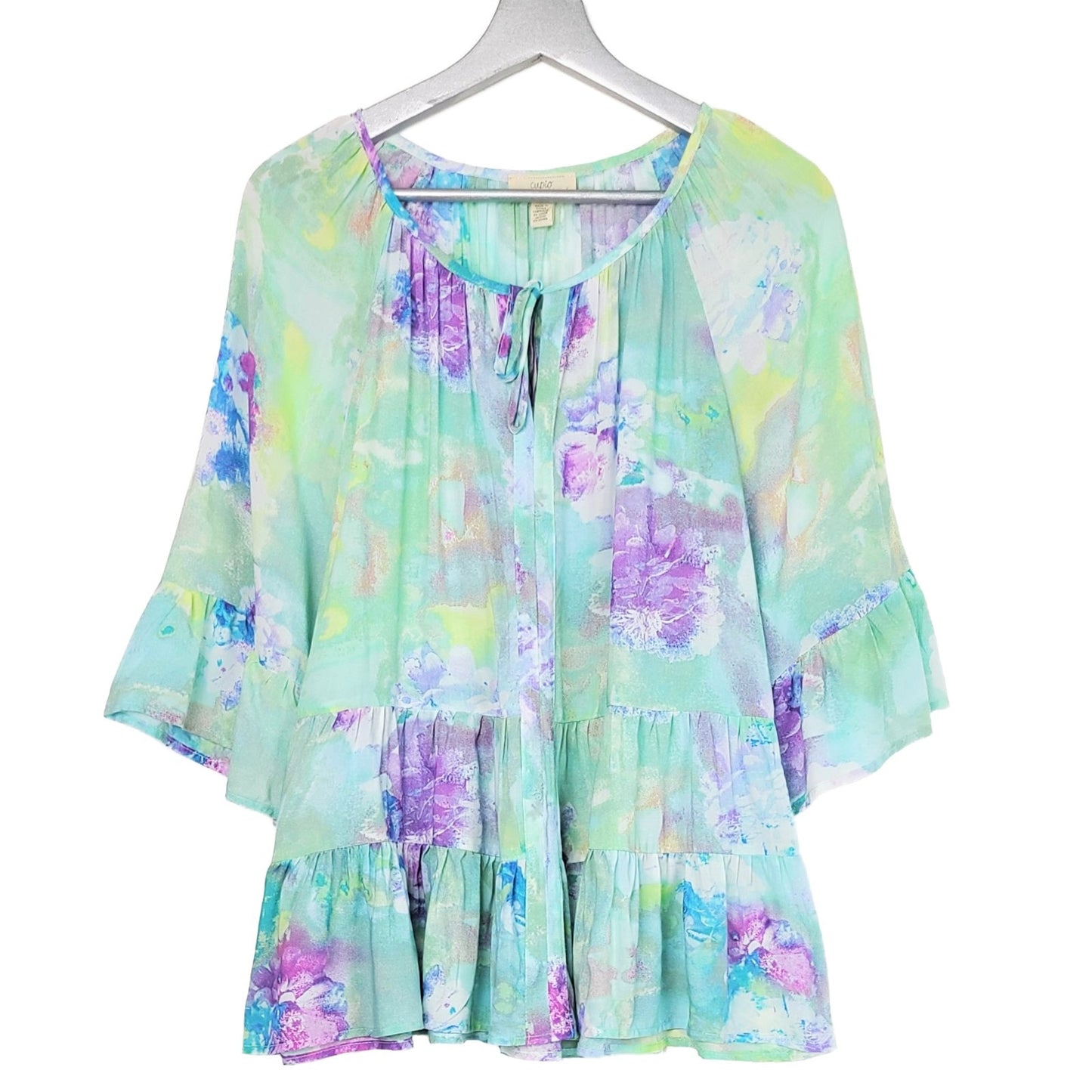 Cupio Blush Peasant Ruffle Sleeves Tired Hem Watercolor Print Blouse Tunic