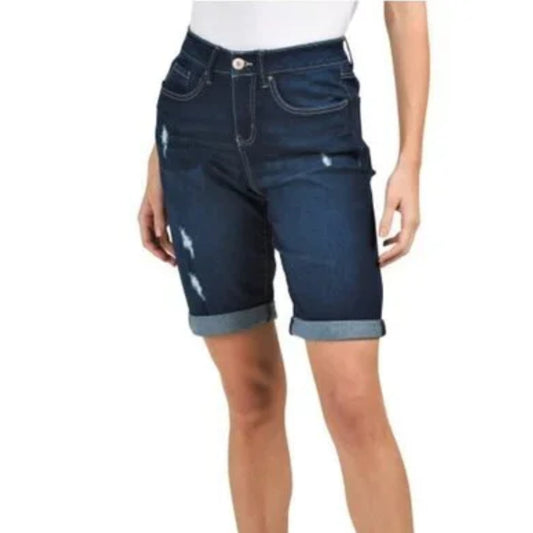 Royalty Women's High Rise Roll Cuff Destructed Denim Slim Bermuda Jean Shorts