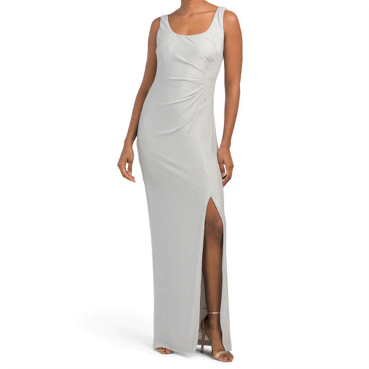 Adrianna Papell Women's Shimmer Metallic Sleeveless Side Pleats Front Slit Gown Maxi Dres