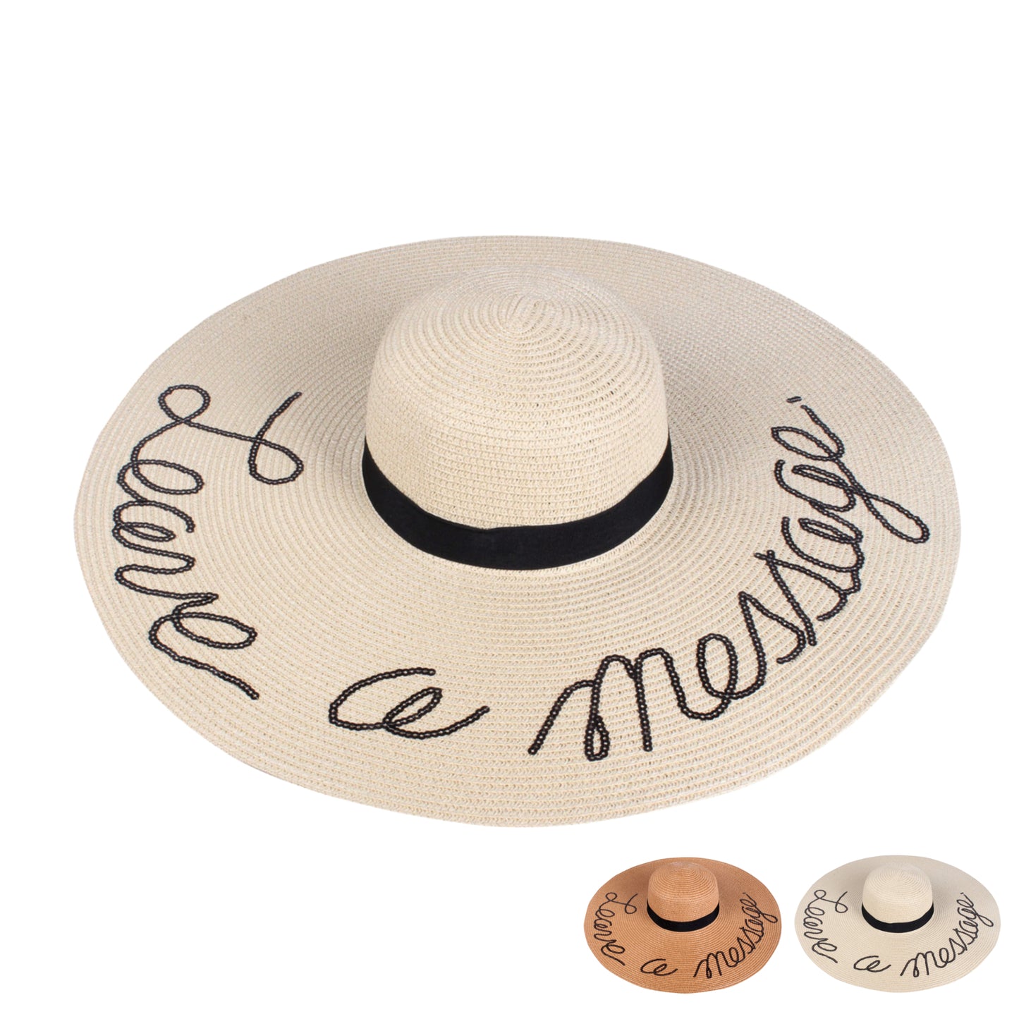A&O Women's LEAVE A MESSAGE Sequin Lettering Wide Brim Straw Floppy Sun Hat