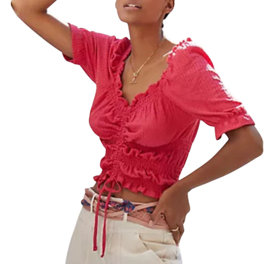 Anthropologie Pilcro V-Neck Ruffle Puff Sleeve Cinched Waist Blouse Top