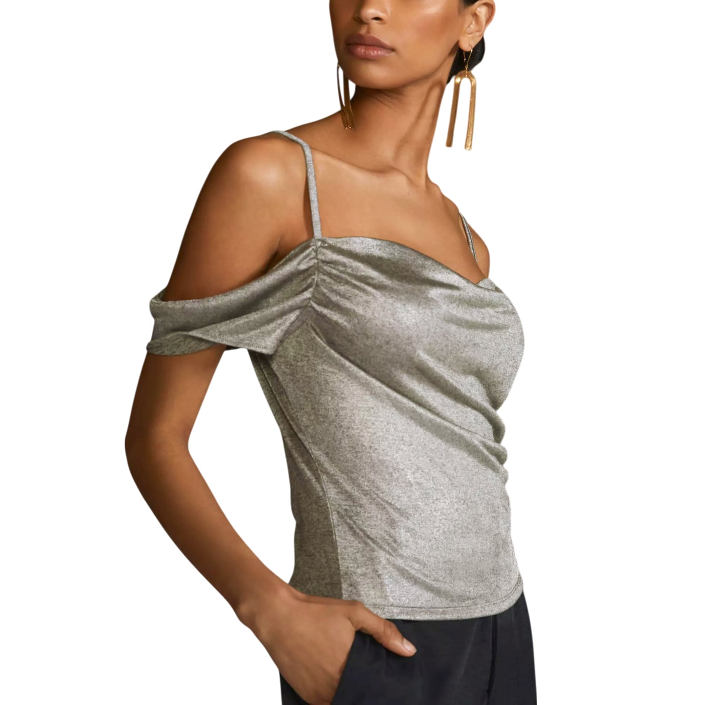 Anthropologie Women's Metallic Cowl Drape Neck Off The Shoulder Blouse Top
