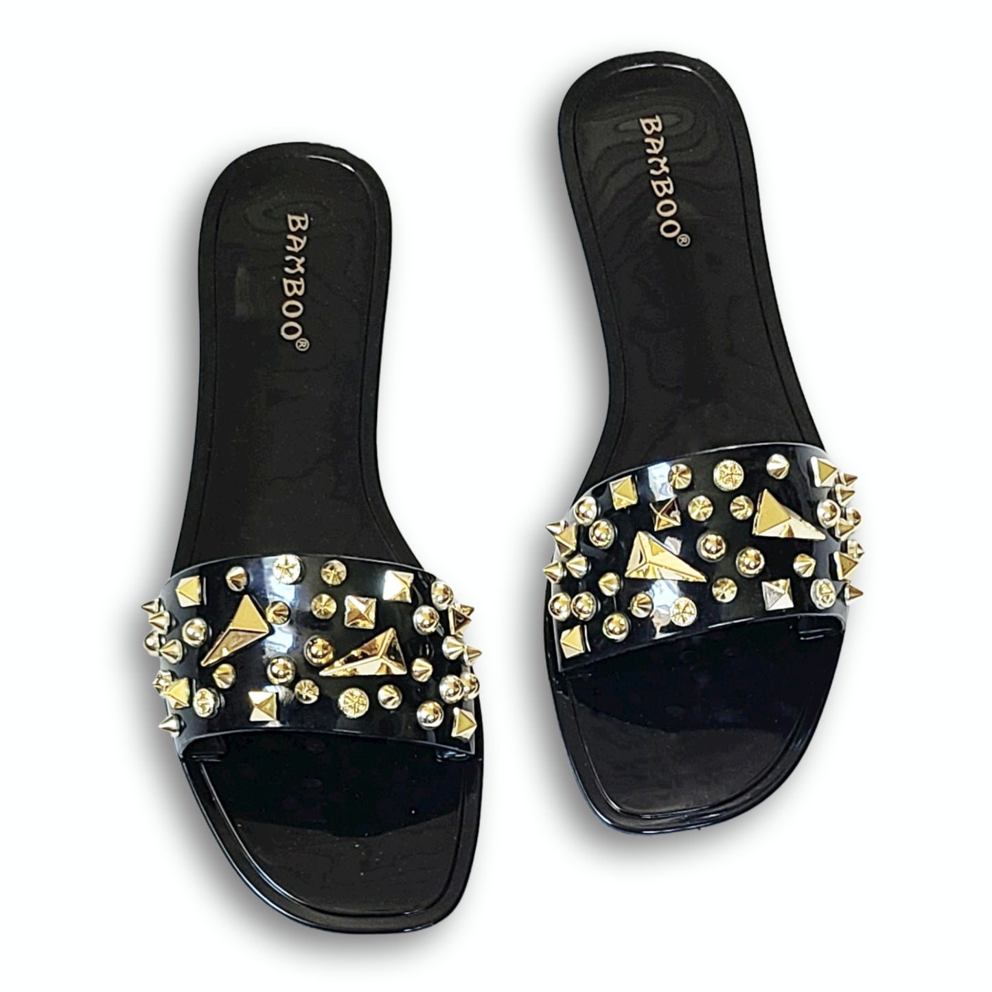 Bamboo Women's Stud Embellished Jelly Flat Slides Sandals