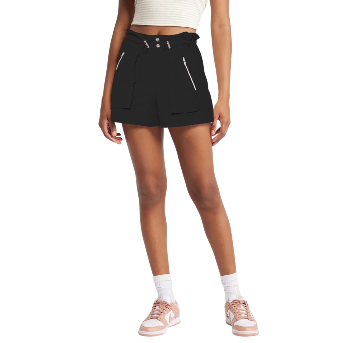C&C California Women's High Rise Lightweight Stretch Woven Zip Pocket Bungee Shorts