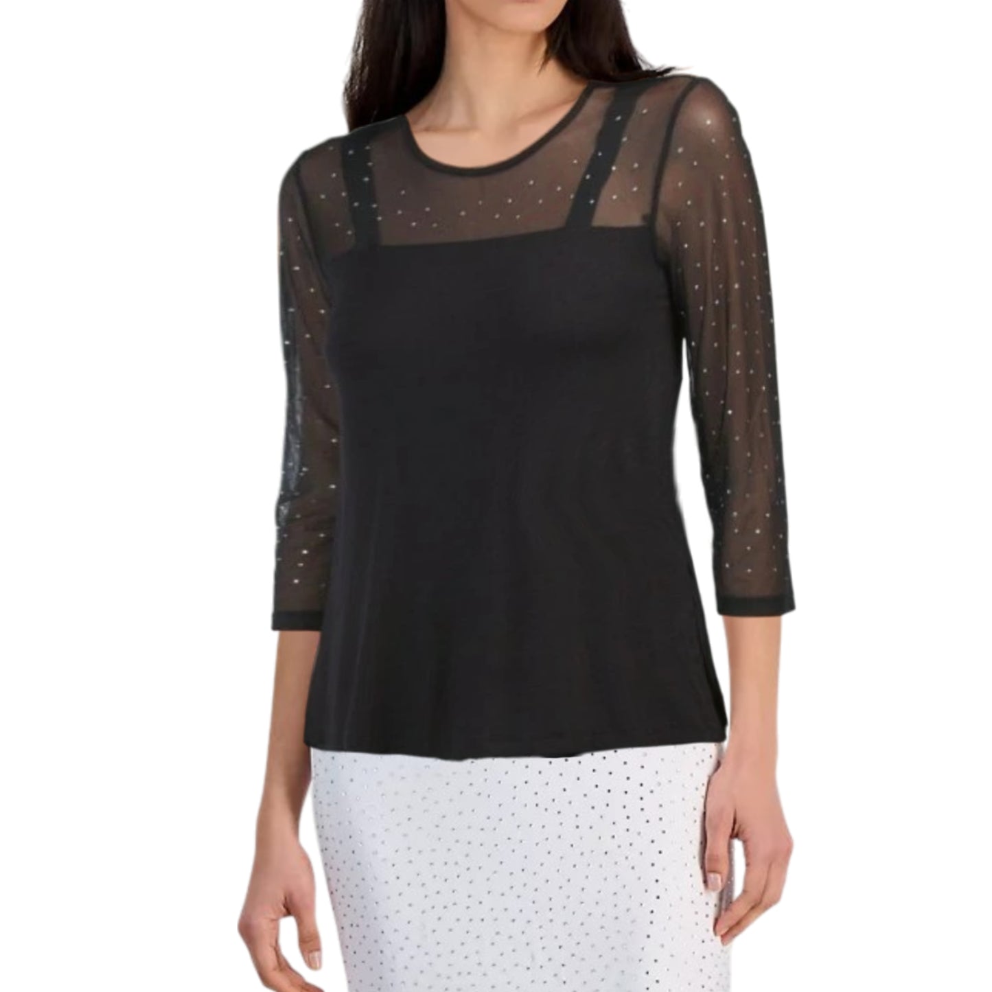 Cable & Gauge Women's Mesh Yoke Rhinestone Hi-low Hem Blouse Top