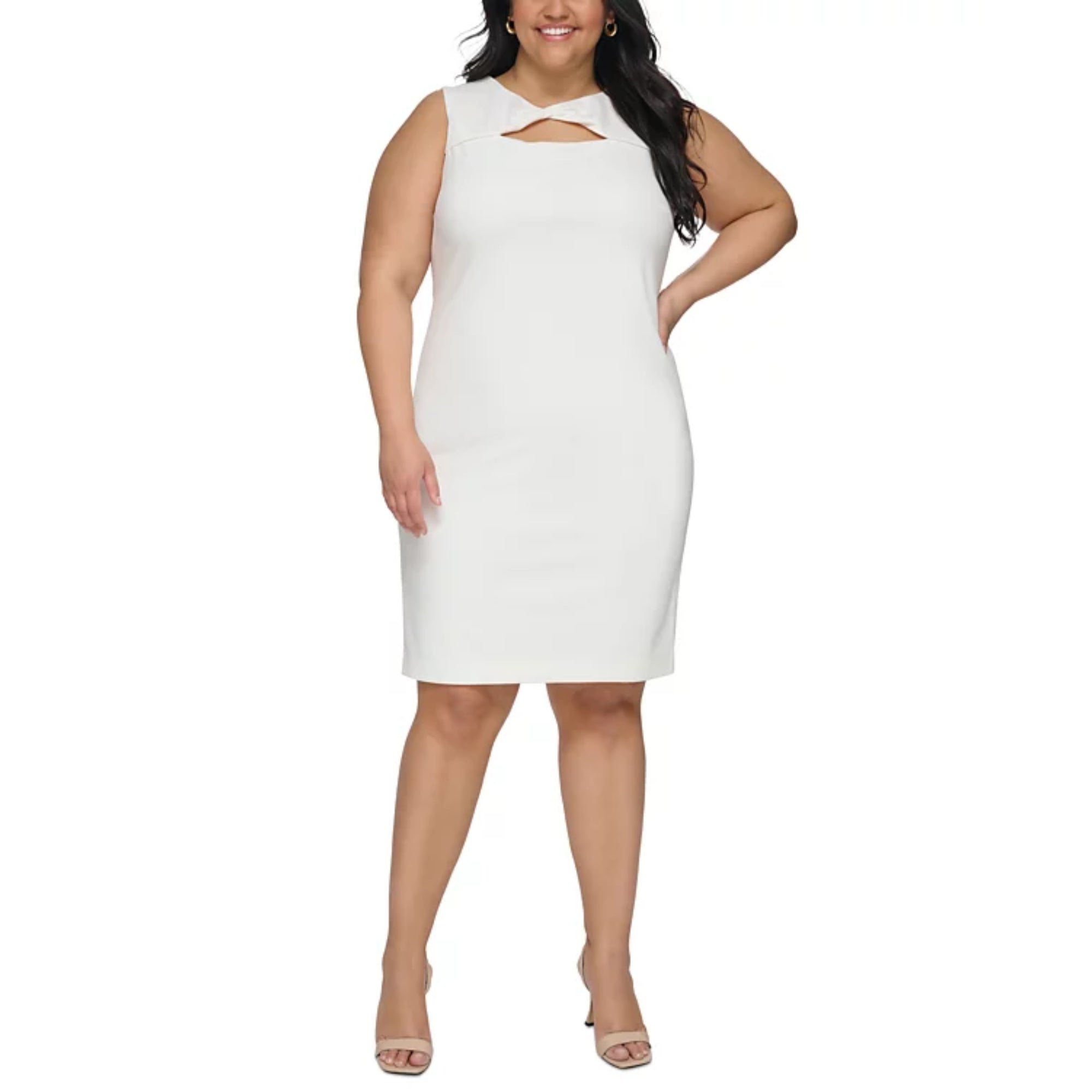Calvin Klein Women's Plus Cut Out Twist-Front Round Neck Sheath Mini Dress (White, 14w)