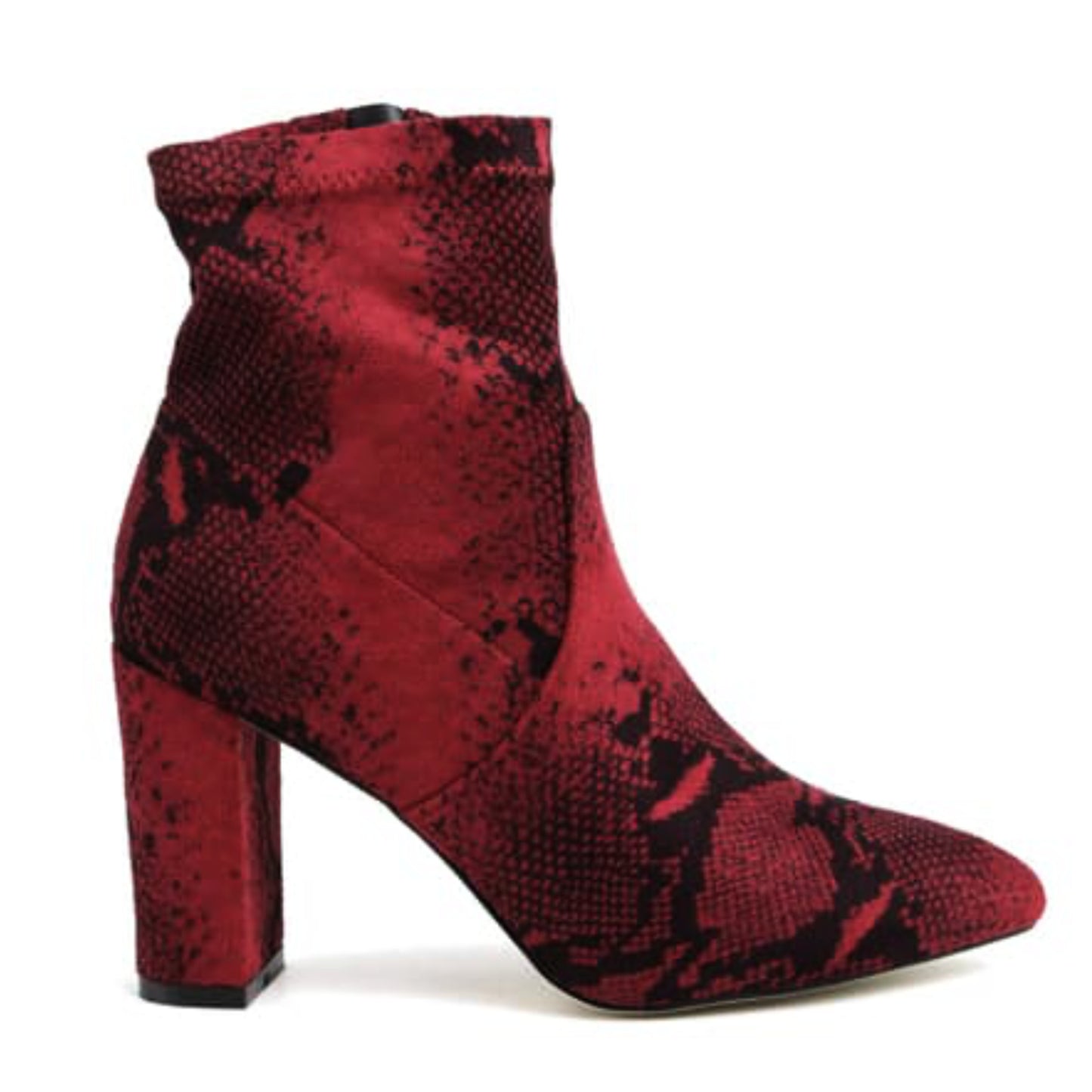 Catherine Malandrino Women's Bodem Faux Suede Block Heel Snake Print Stretch Bootie