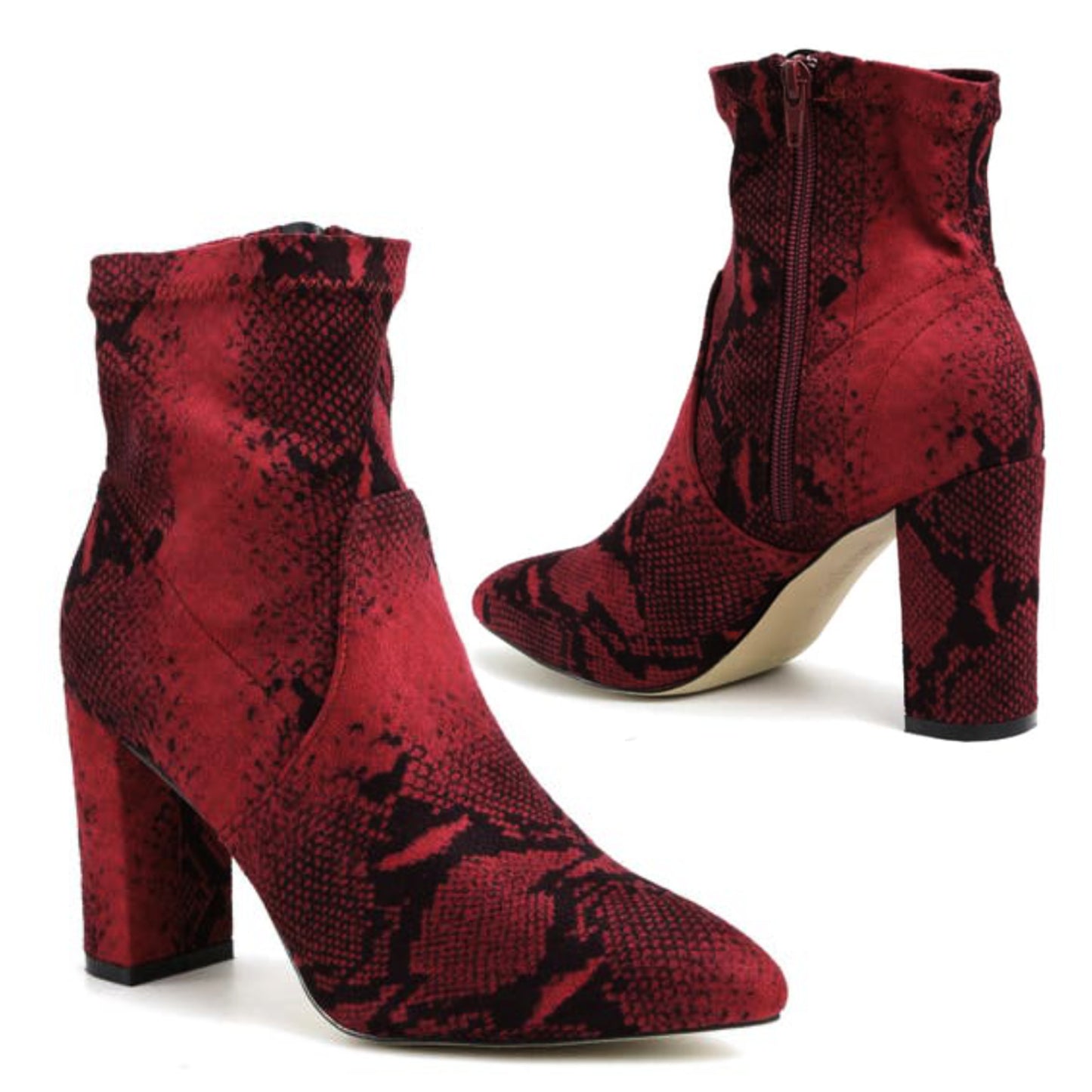 Catherine Malandrino Women's Bodem Faux Suede Block Heel Snake Print Stretch Bootie