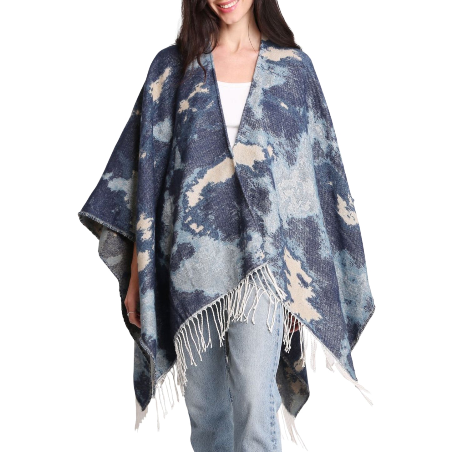 Comfyluxe Women's Soft Cozy Wrap Abstract Print Fringe Trim Ruana Poncho Shawl