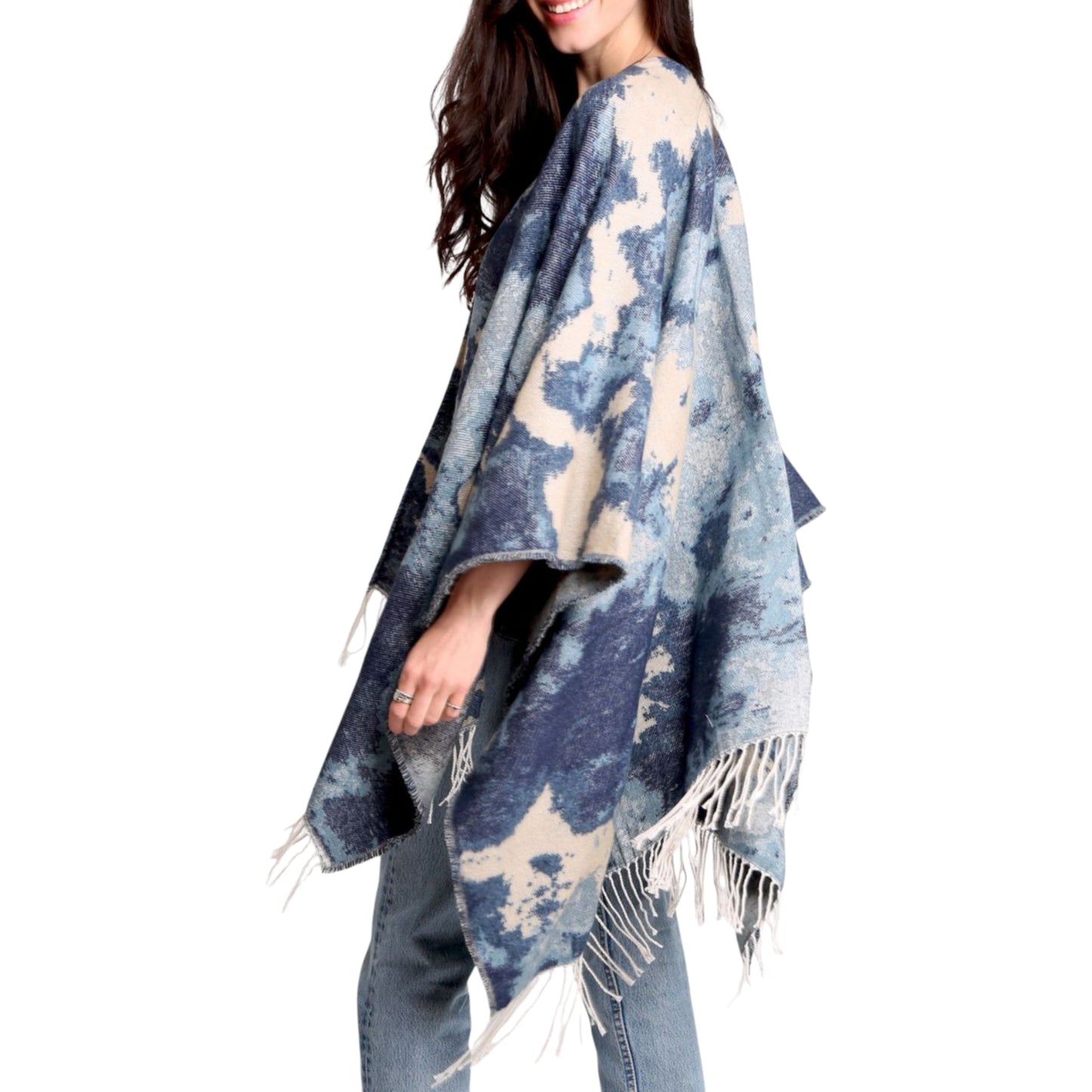 Comfyluxe Women's Soft Cozy Wrap Abstract Print Fringe Trim Ruana Poncho Shawl