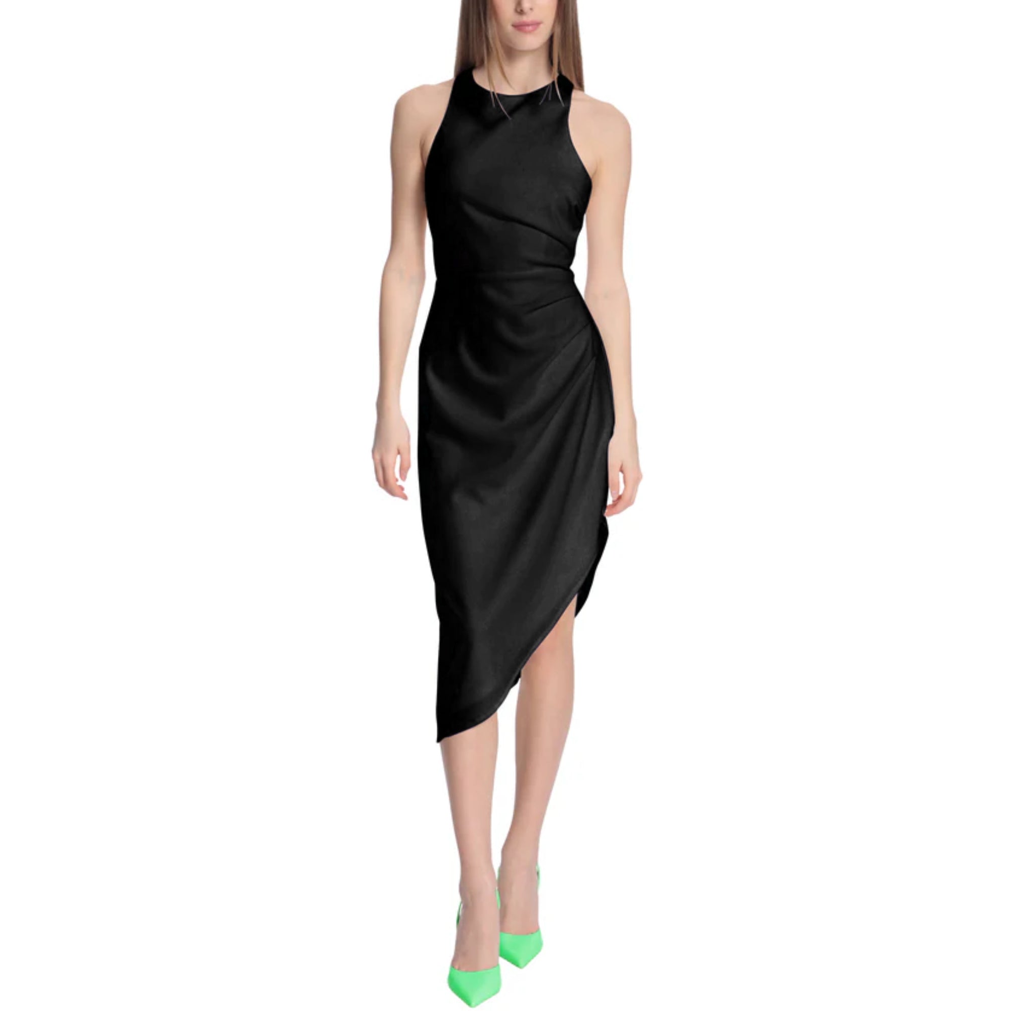 Donna Morgan Women's Quilla Side Ruched Asymmetrical Hem Midi Dress Black / 10 Donna Morgan Women's Quilla Side Ruched Asymmetrical Hem Midi Dress Black / 10