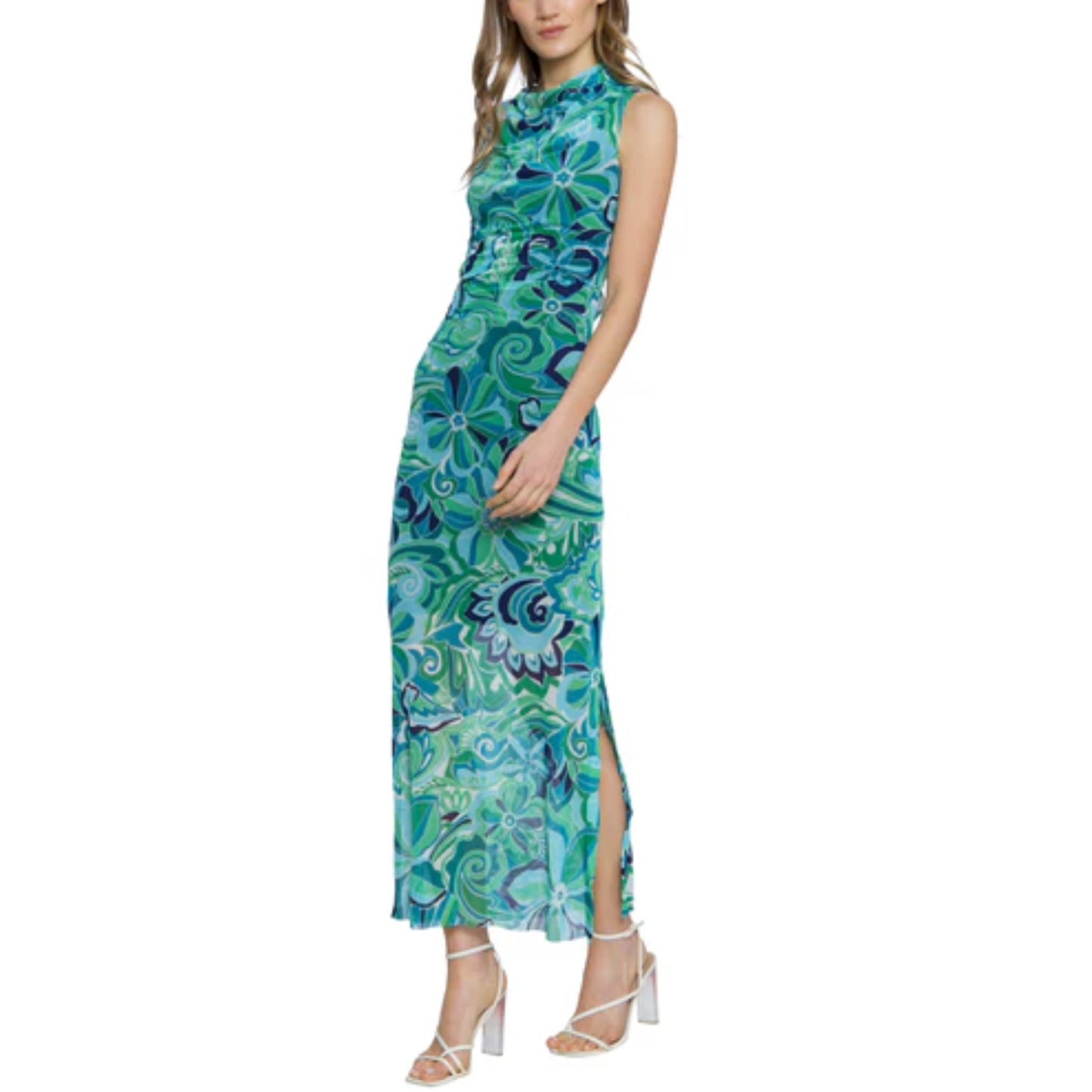 DONNA MORGAN Women's Mesh Overlay Asymmetric Mock Neck Side Slit Maxi Dress