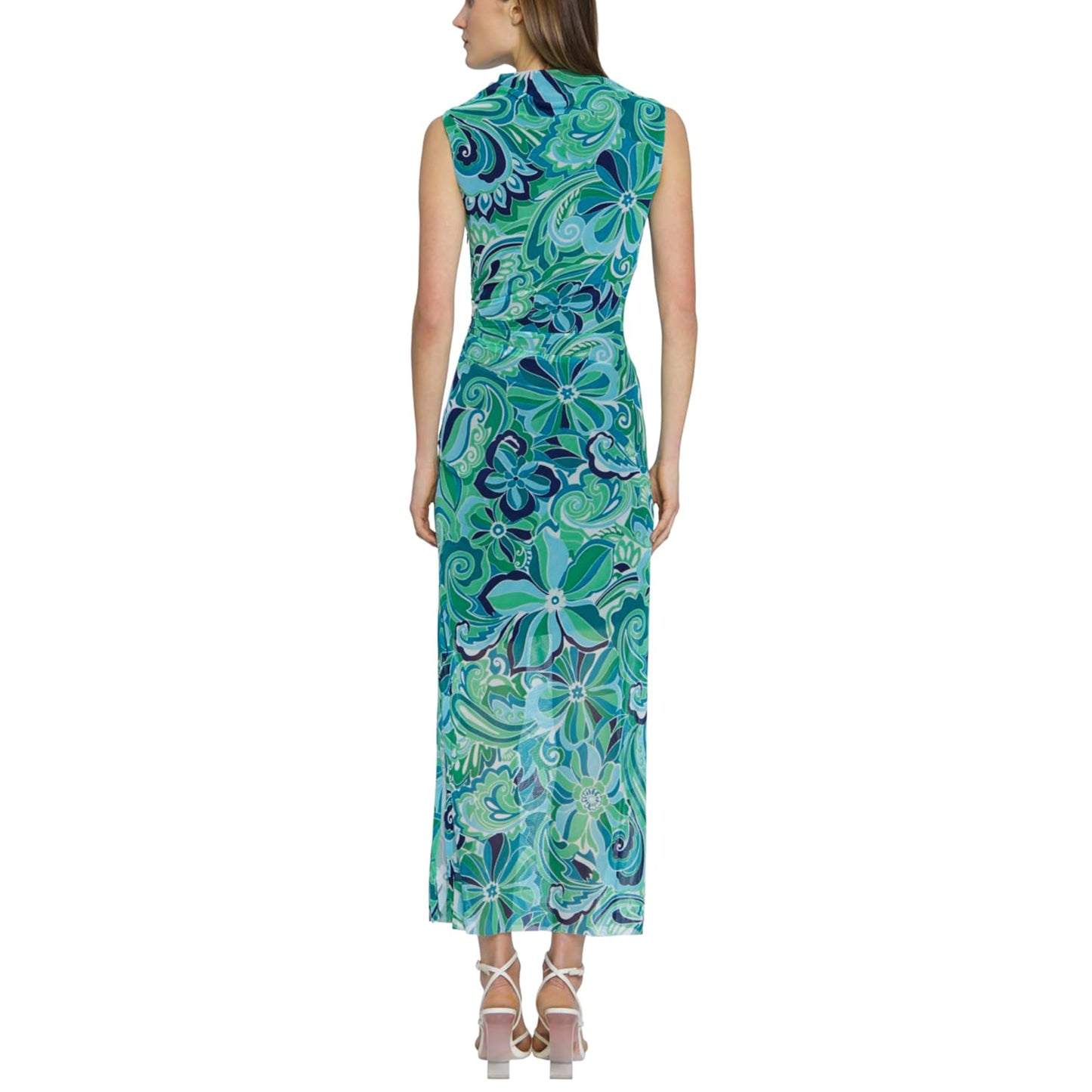 DONNA MORGAN Women's Mesh Overlay Asymmetric Mock Neck Side Slit Maxi Dress