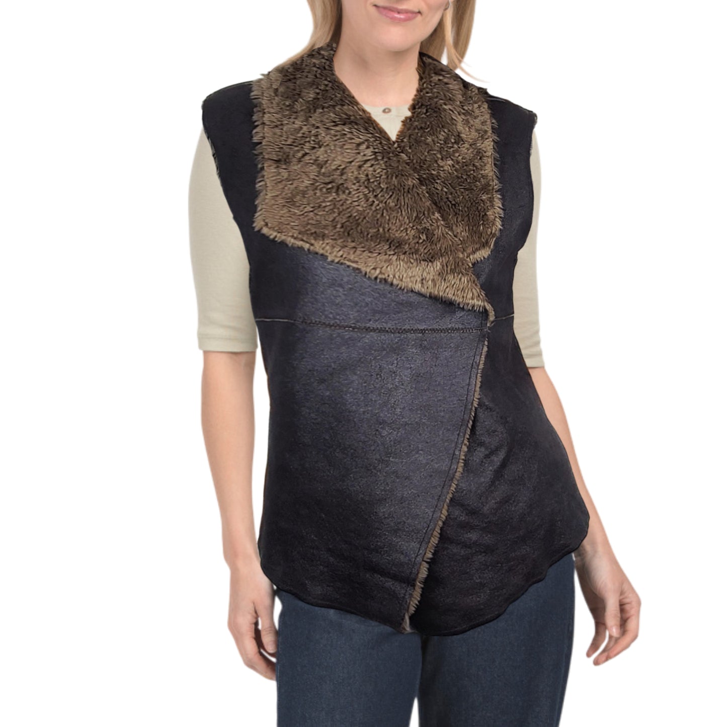 Dylan Women's Cozy Faux Leather Fur Trim Snap Vest