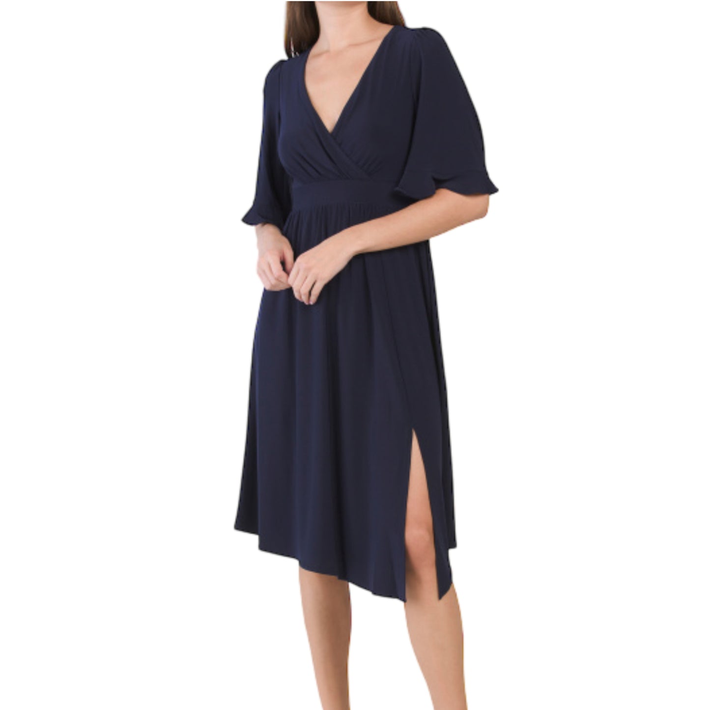 ELIZA J Women's Elbow Sleeve V-Neck Front Slit Asymmetric Party Cocktail Midi Dress