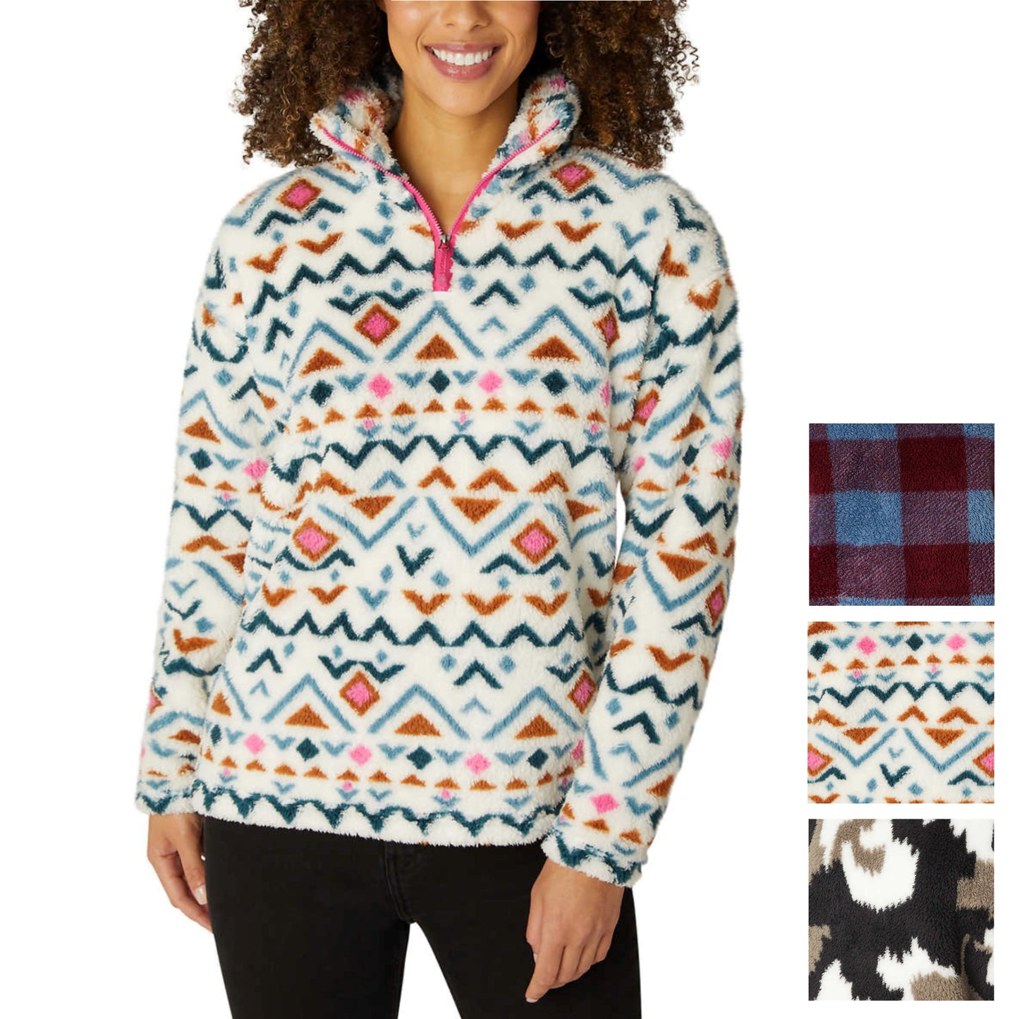 Eddie Bauer Women's Ultra Soft Plush Fleece Quarter Zip Sweatshirt Aztec Print Pullover Top