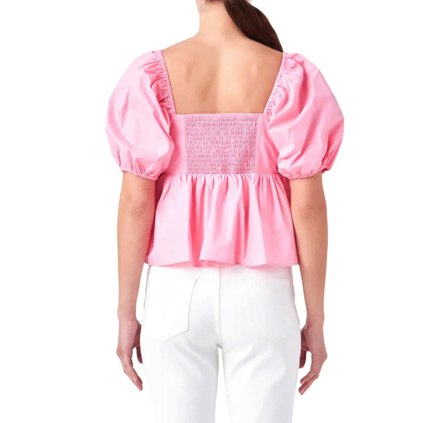 English Factory Women's Rose Applique Square Neck Cotton Ruffle Poplin Top Blouse
