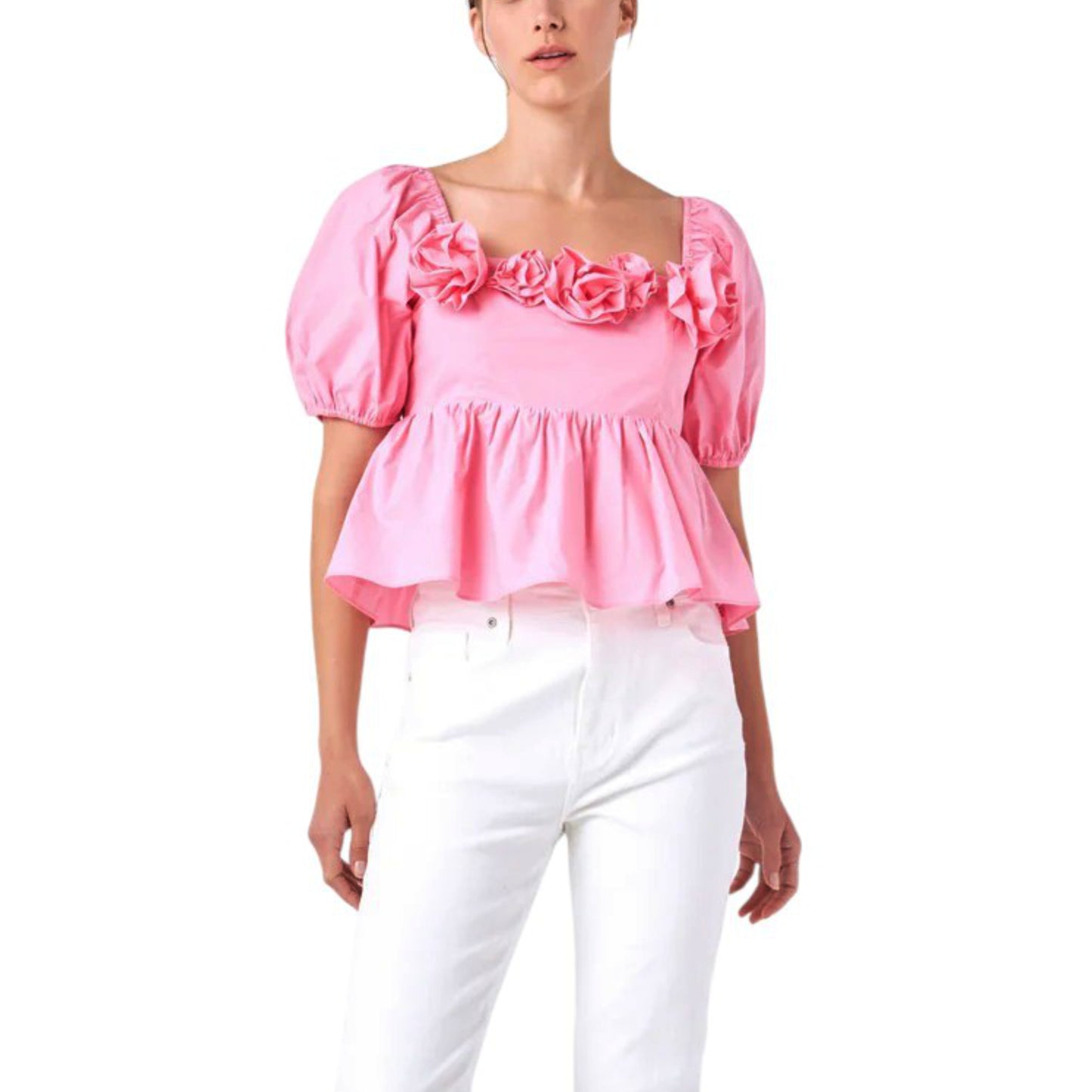 English Factory Women's Rose Applique Square Neck Cotton Ruffle Poplin Top Blouse