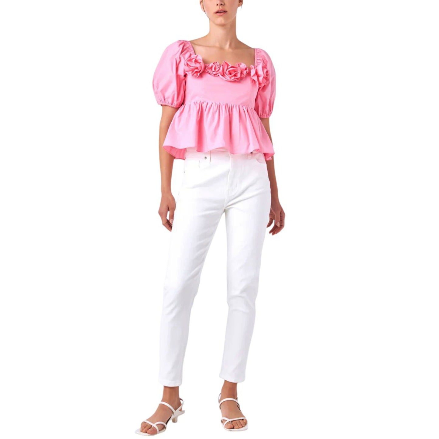 English Factory Women's Rose Applique Square Neck Cotton Ruffle Poplin Top Blouse