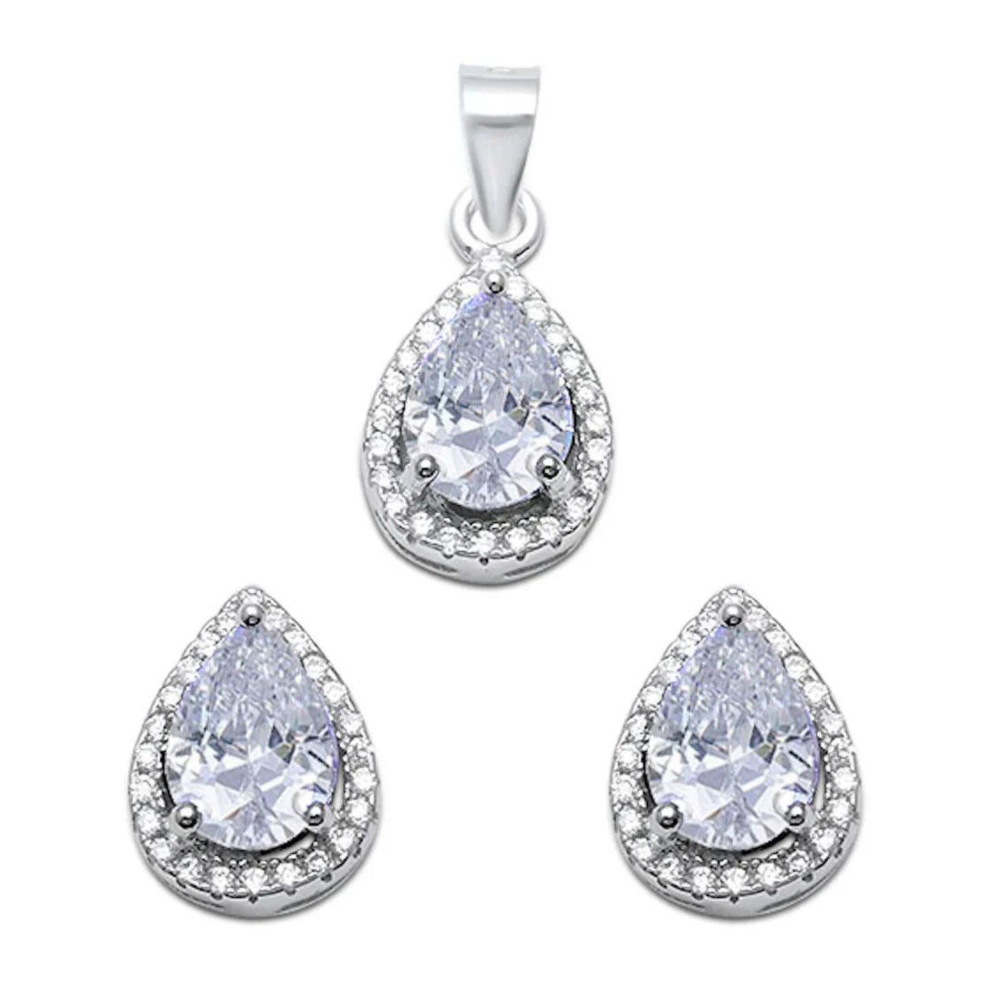 Fashion Women's 925 Sterling Silver Pear Shape Cubic Zirconia Pendant & Earring Set