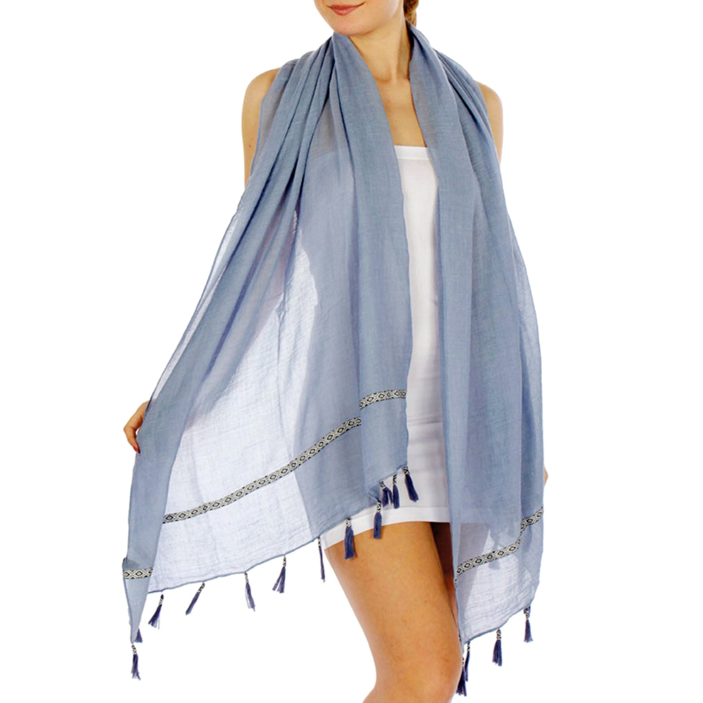 Feria Mode Women's Lightweight Aztec Insert Trim Tasseled Scarf Shawl Wrap Cover-Up