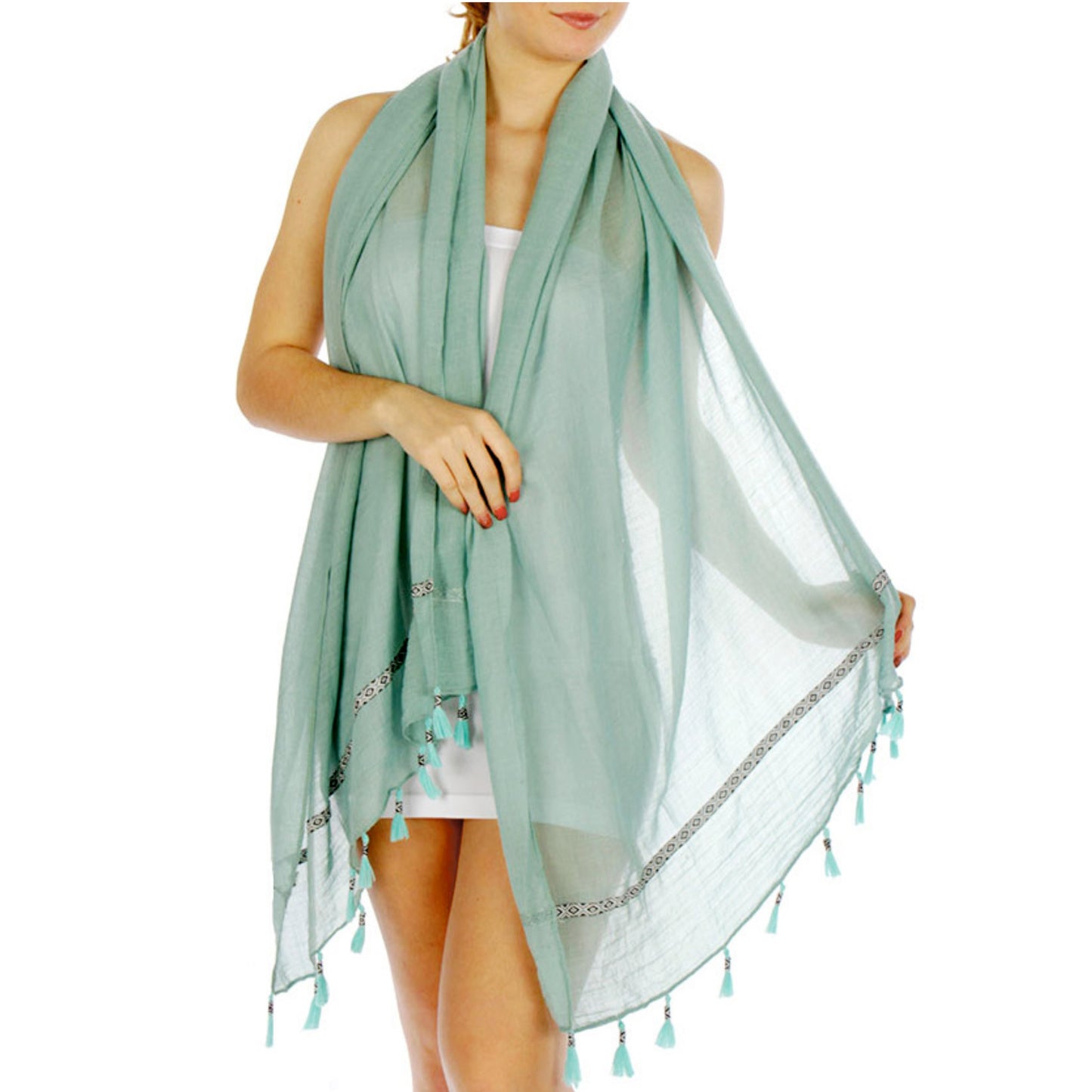 Feria Mode Women's Lightweight Aztec Insert Trim Tasseled Scarf Shawl Wrap Cover-Up