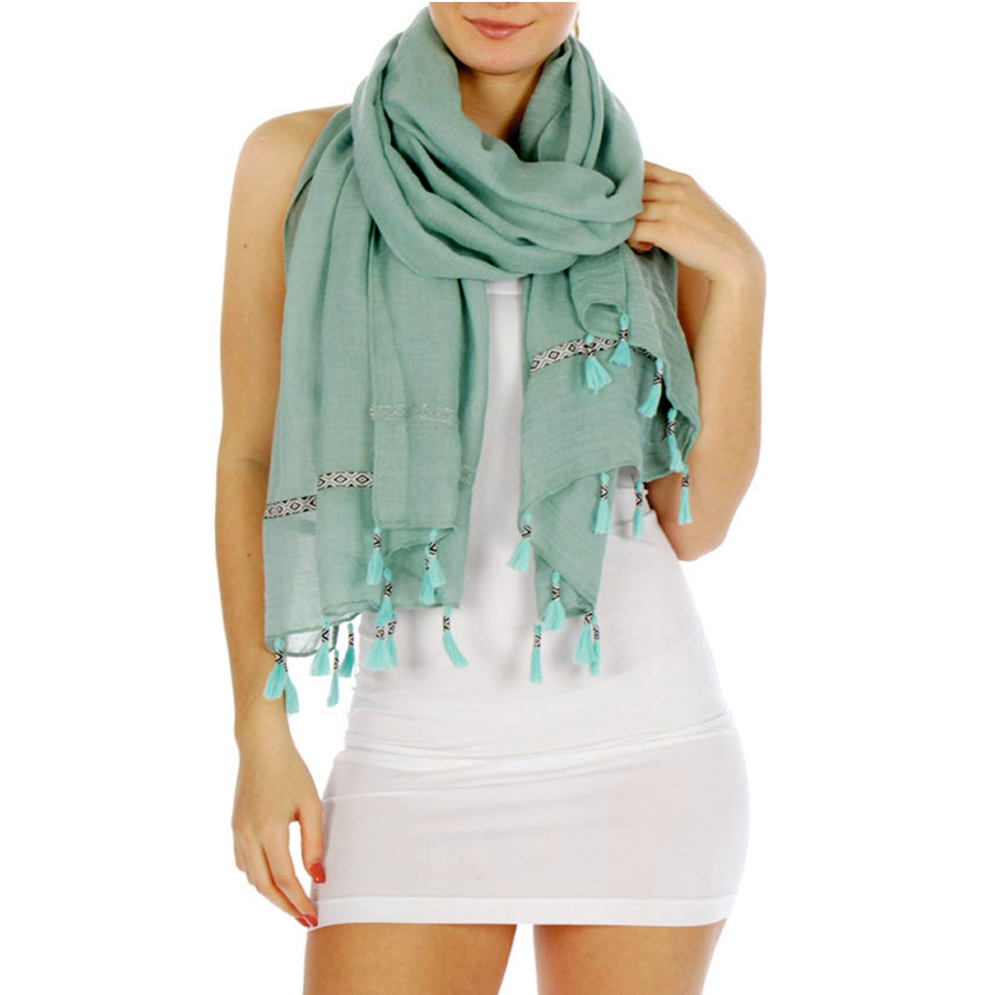Feria Mode Women's Lightweight Aztec Insert Trim Tasseled Scarf Shawl Wrap Cover-Up
