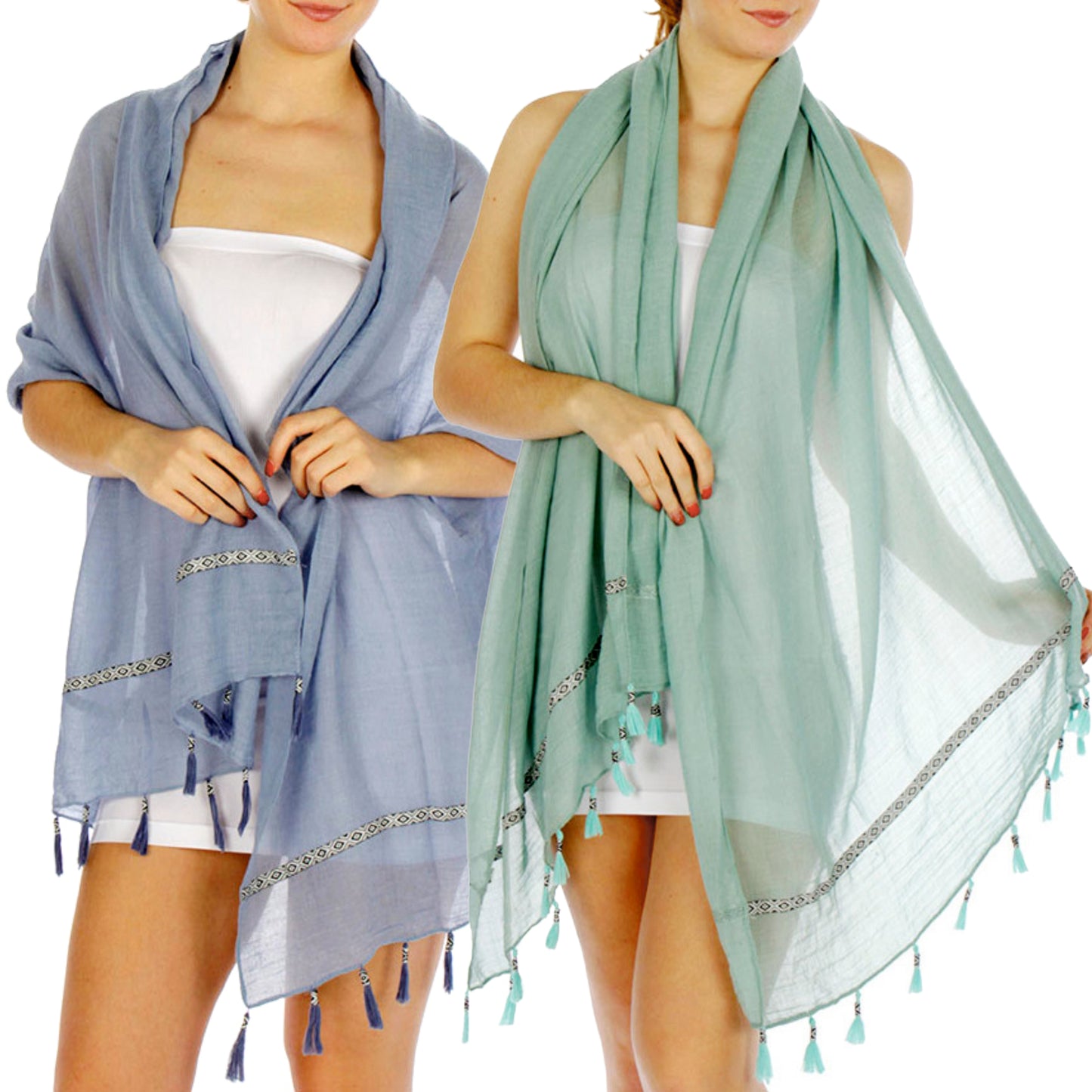 Feria Mode Women's Lightweight Aztec Insert Trim Tasseled Scarf Shawl Wrap Cover-Up