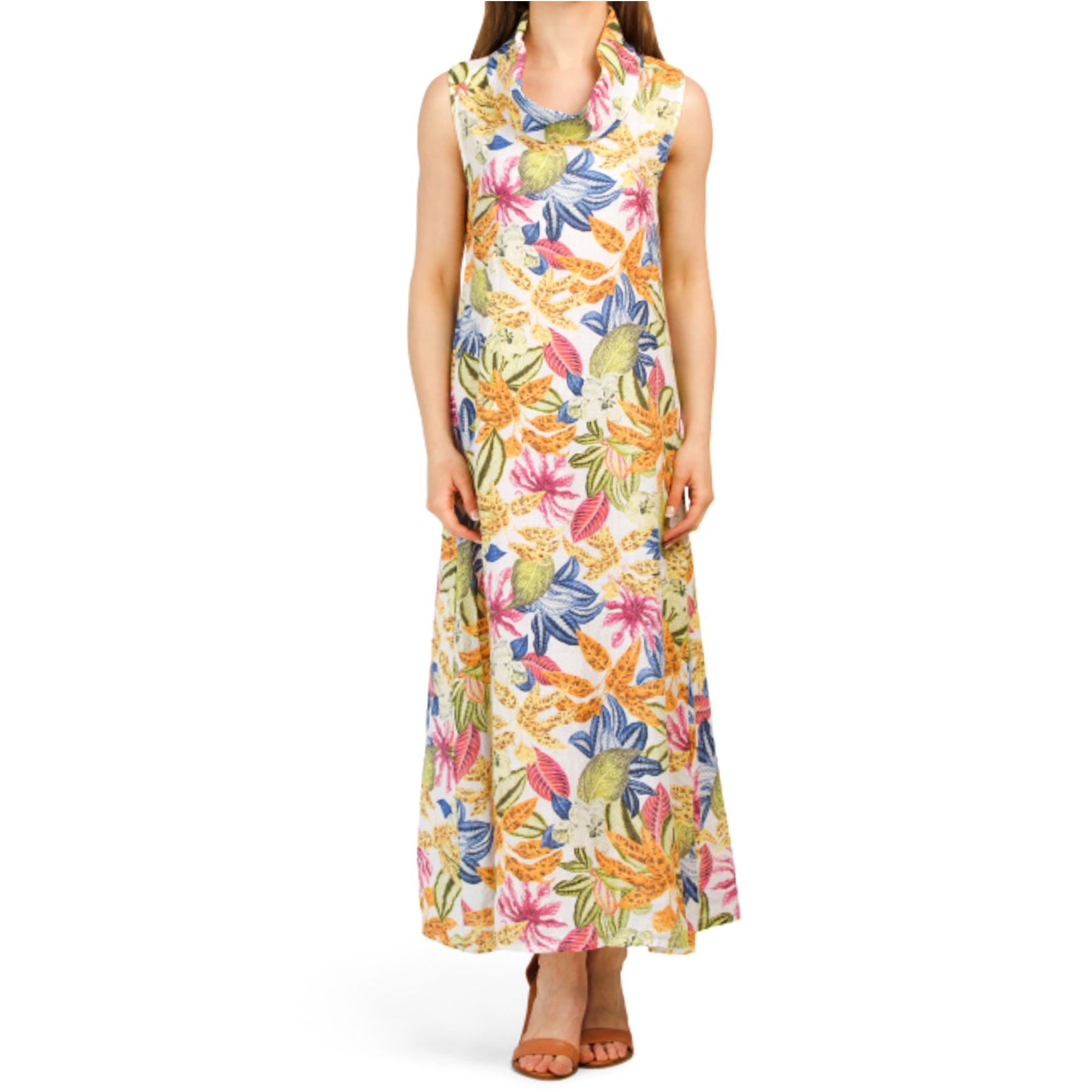 Francesca Bettini Women's Cowl Neck Tropical Print Linen Maxi Dress Multi / L Francesca Bettini Women's Cowl Neck Tropical Print Linen Maxi Dress Multi / L