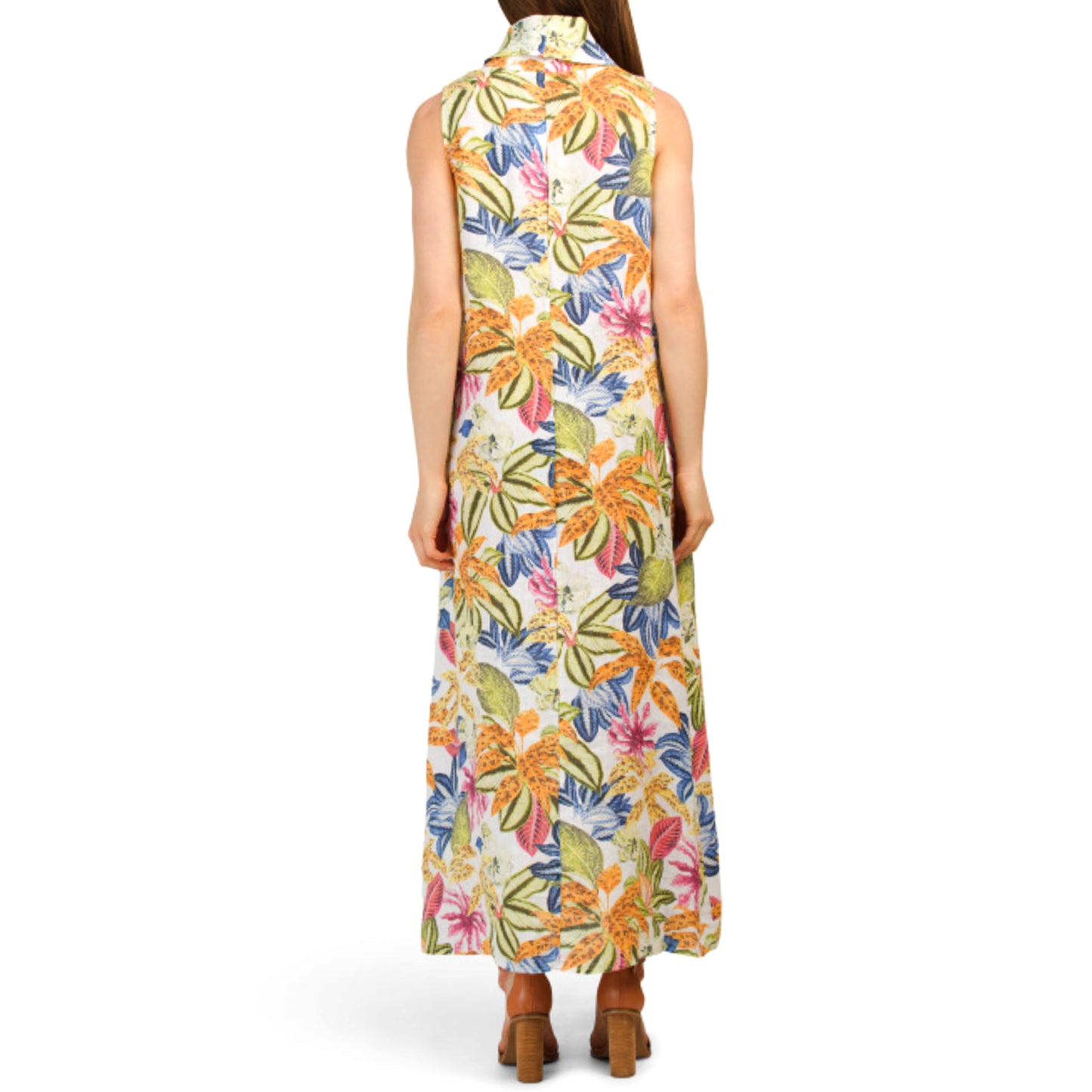 Francesca Bettini Women's Cowl Neck Tropical Print Linen Maxi Dress