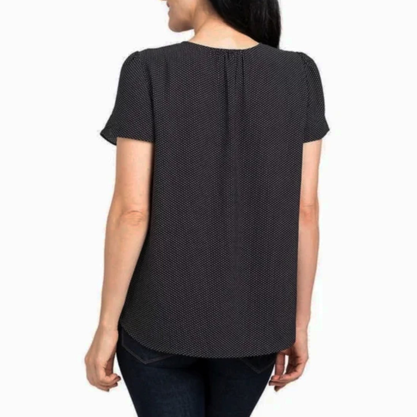Hilary Radley Women's Dot Print V-neck Flare Short Sleeves Relaxed Fit Top Blouse