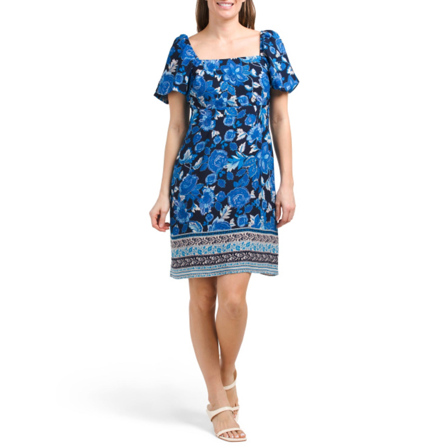 JULIA JORDAN Women's Puff Sleeve Square Neck Border Hem Floral Mini Dress