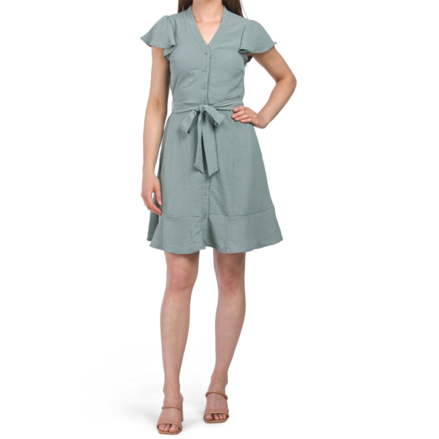 Lucky Brand Women's Flutter Sleeve V-neck Button Front Mini Shirt Dress