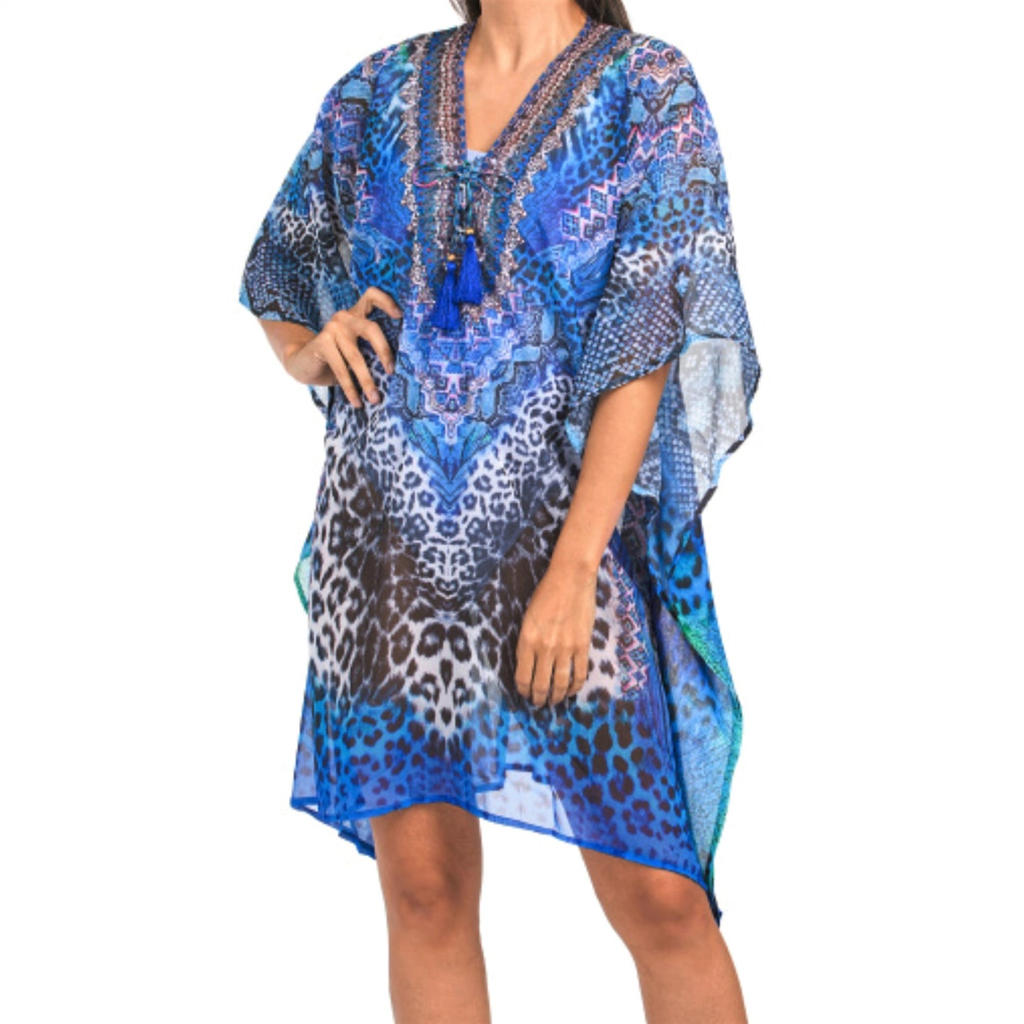 LA MODA Women's Rhinestone Embellished Cat Caftan Swim Cover-up