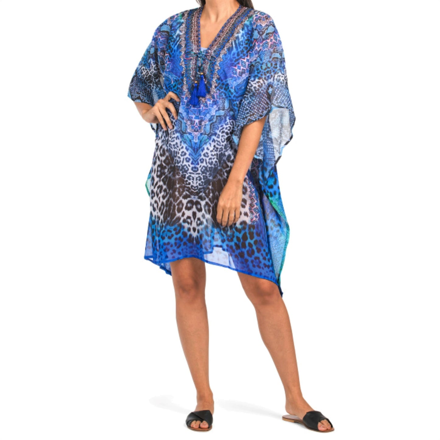 LA MODA Women's Rhinestone Embellished Cat Caftan Swim Cover-up
