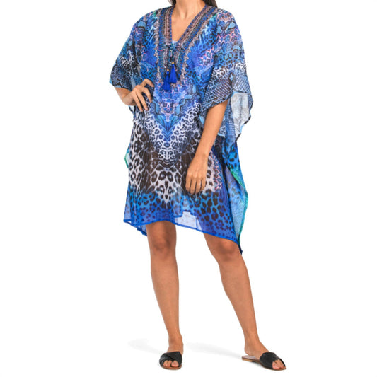 LA MODA Women's Rhinestone Embellished Cat Caftan Swim Cover-up