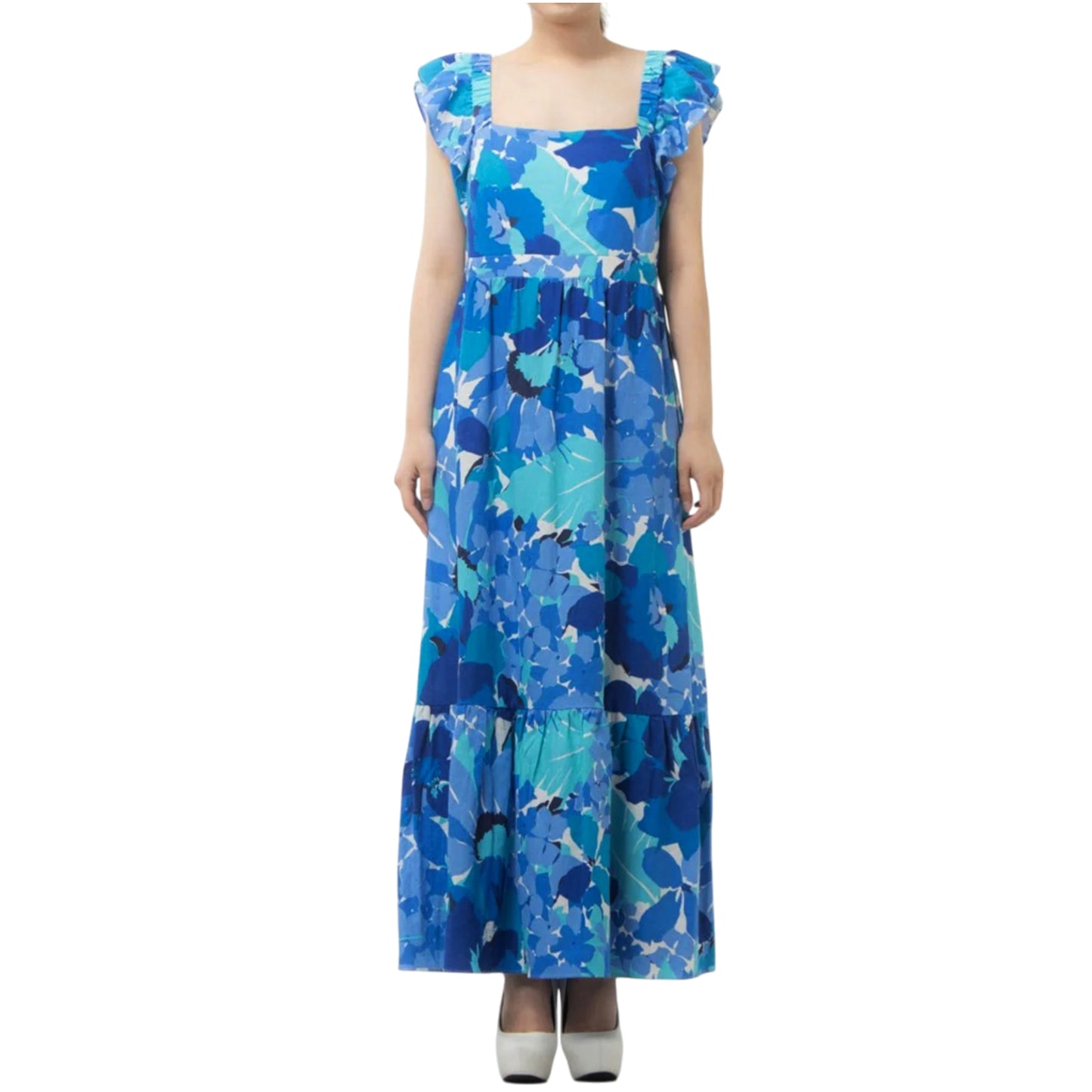London Times Women's Linen Blend Floral Print Ruffle Sleeve Maxi Dress