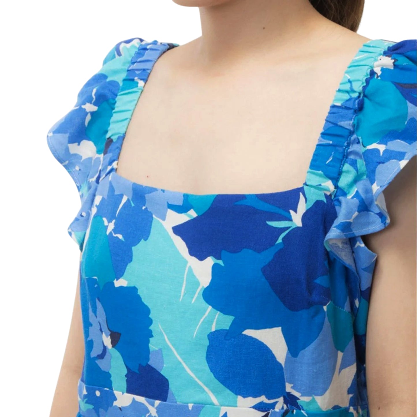 London Times Women's Linen Blend Floral Print Ruffle Sleeve Maxi Dress
